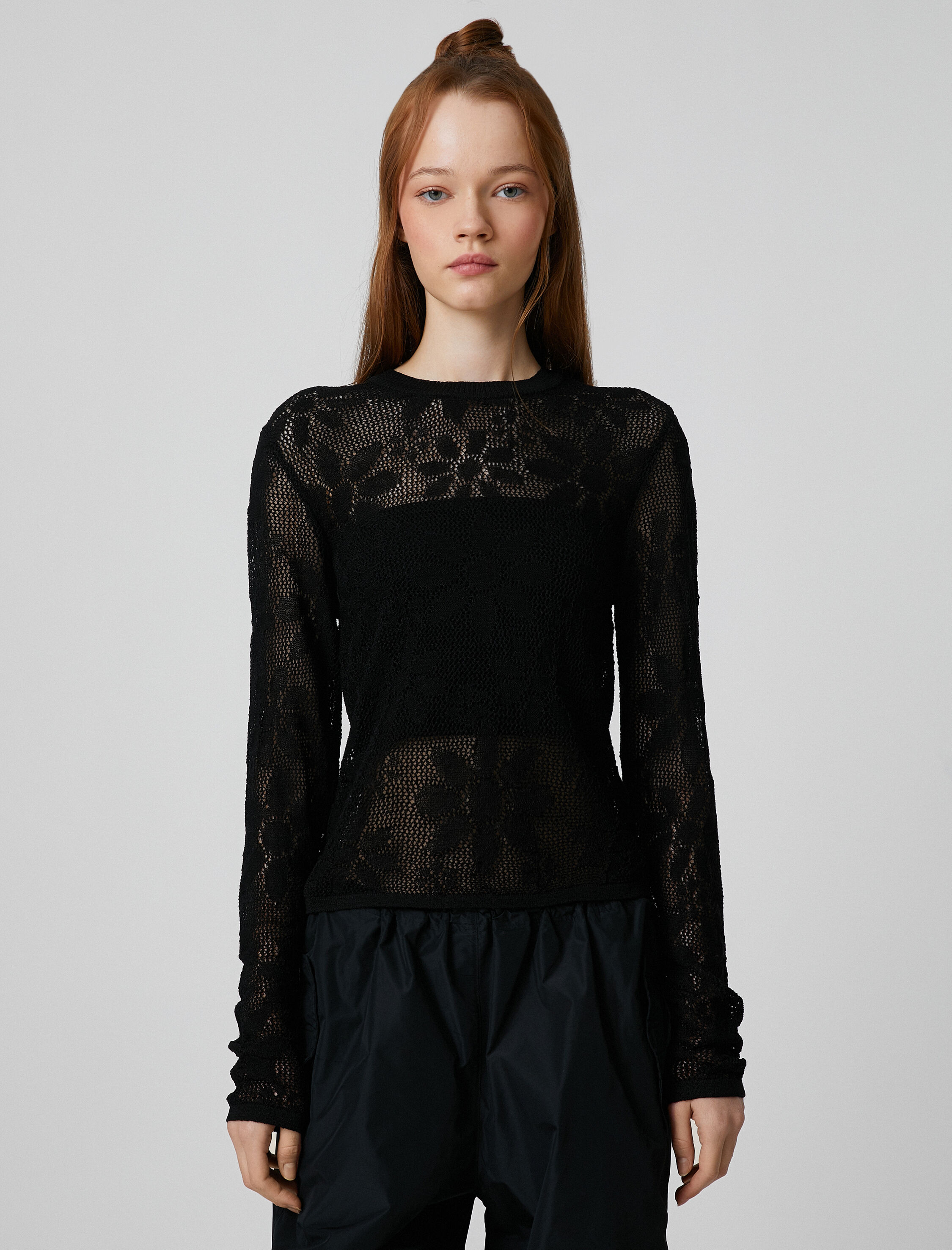   Ajurlu Kazak Uzun Kollu Viskon Bisiklet Yaka Çiçekli