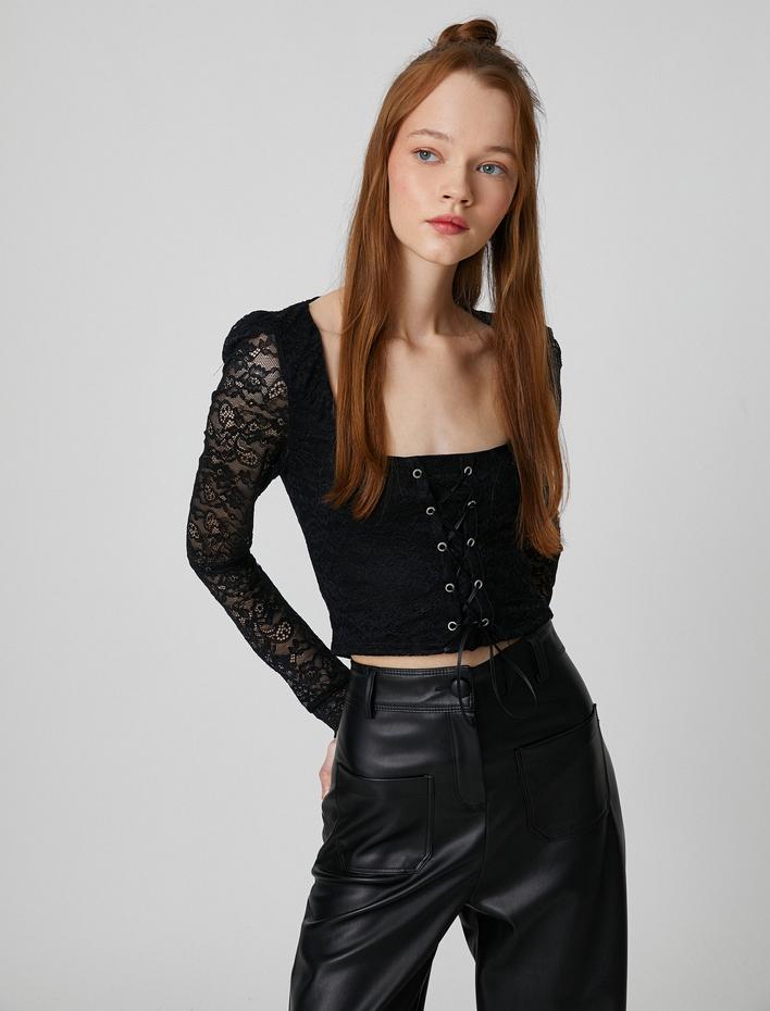  Korse Büstiyer Dantelli Kare Yaka Uzun Kollu