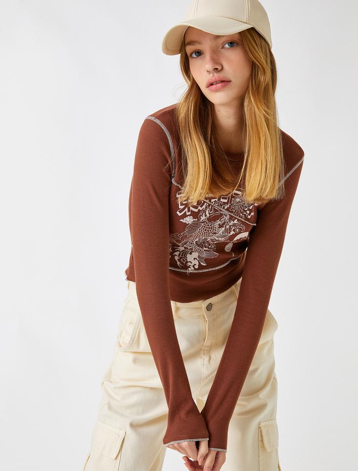  Uzun Kollu Tişört Bisiklet Yaka Baskılı