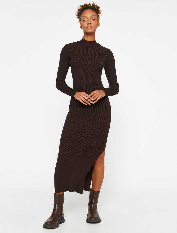  Triko Kalem Elbise Yırtmaçlı Uzun Kollu