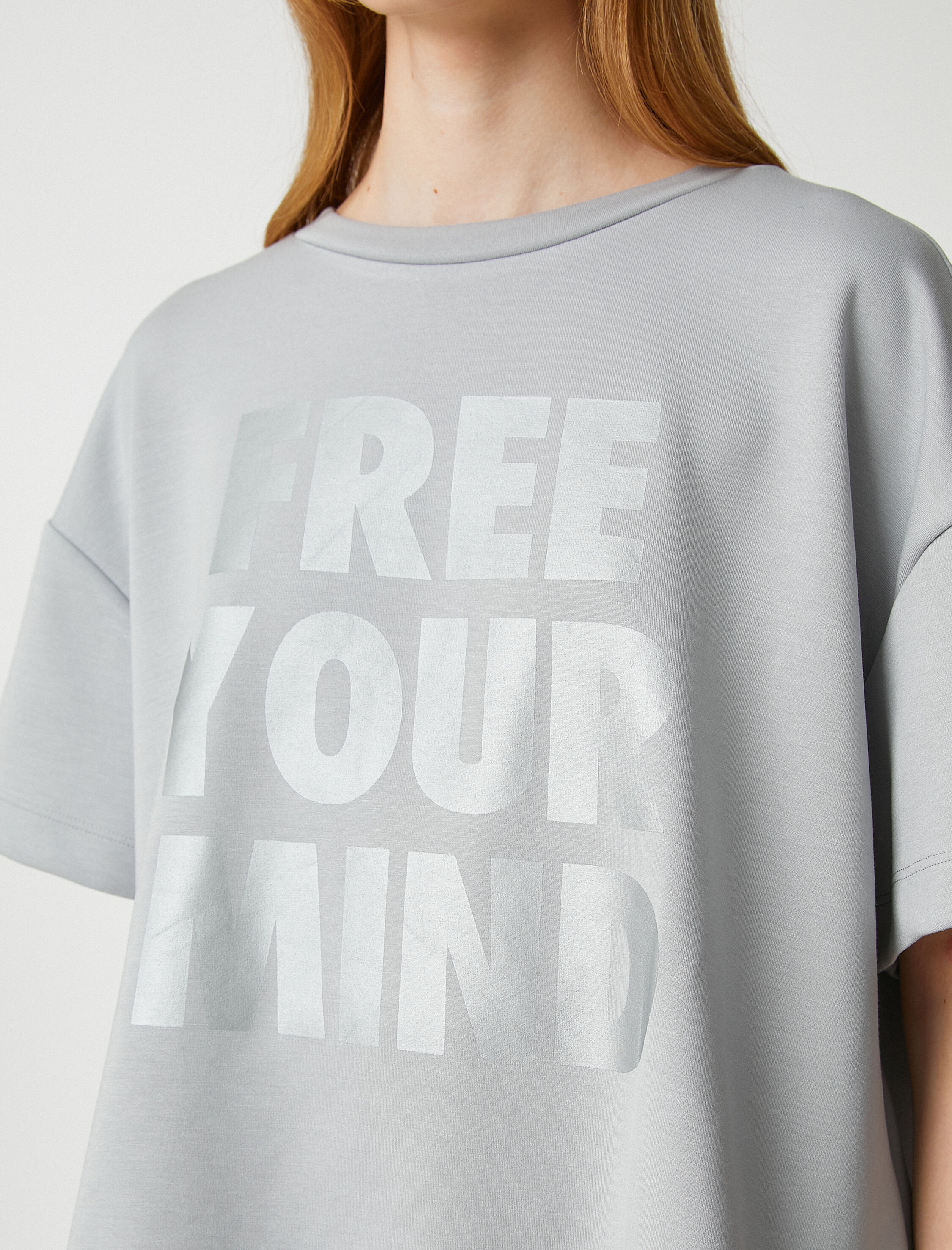   Crop Spor Tişört Büyük Slogan Baskılı Modal Karışımlı