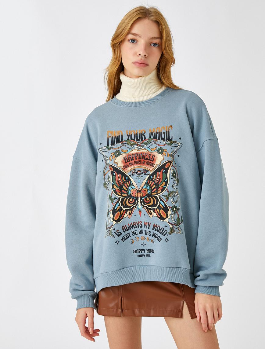   Oversize Sweatshirt Dik Yaka Baskılı İçi Polarlı