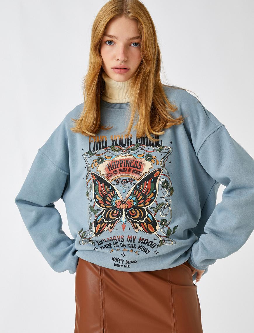  Oversize Sweatshirt Dik Yaka Baskılı İçi Polarlı