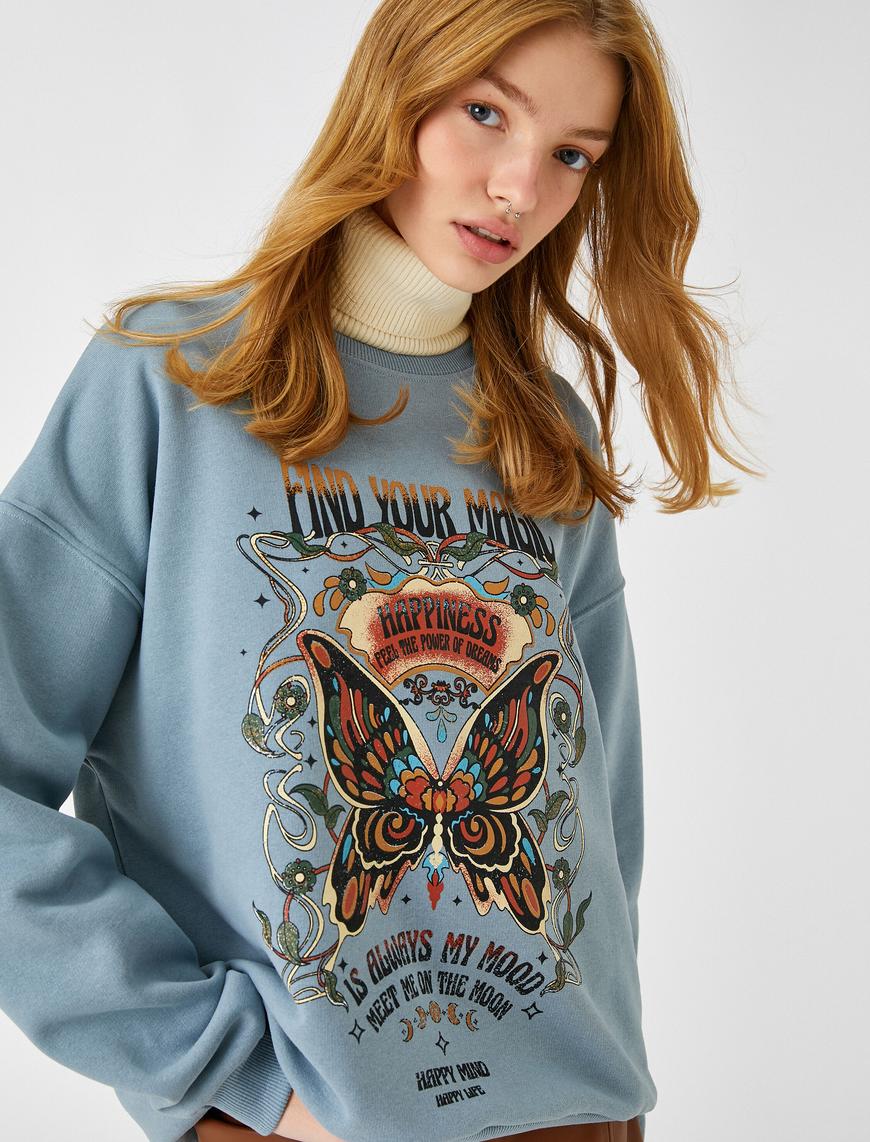   Oversize Sweatshirt Dik Yaka Baskılı İçi Polarlı