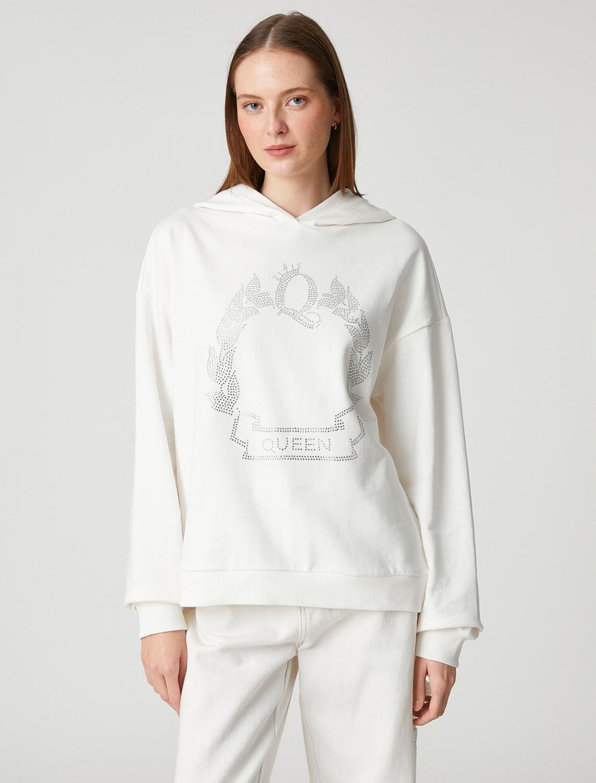   Taşlı Sweatshirt Kapüşonlu Pamuklu