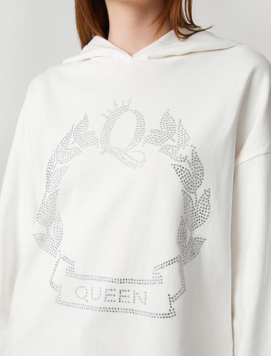   Taşlı Sweatshirt Kapüşonlu Pamuklu