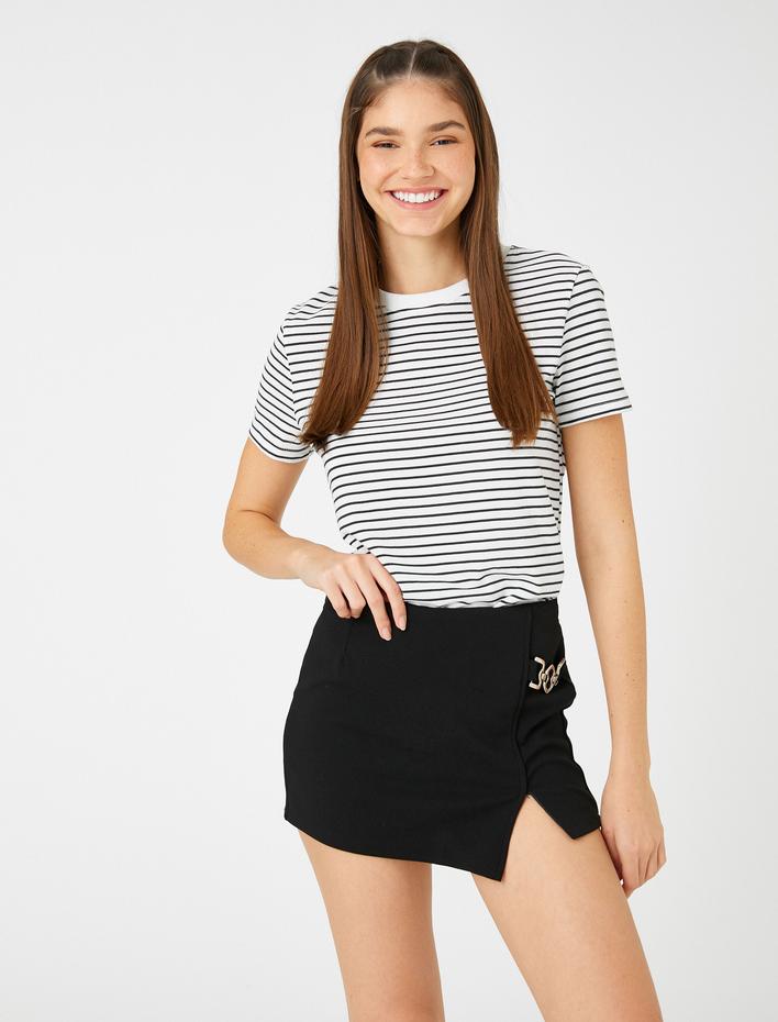  Çizgili Tişört Bisiklet Yaka Kısa Kollu