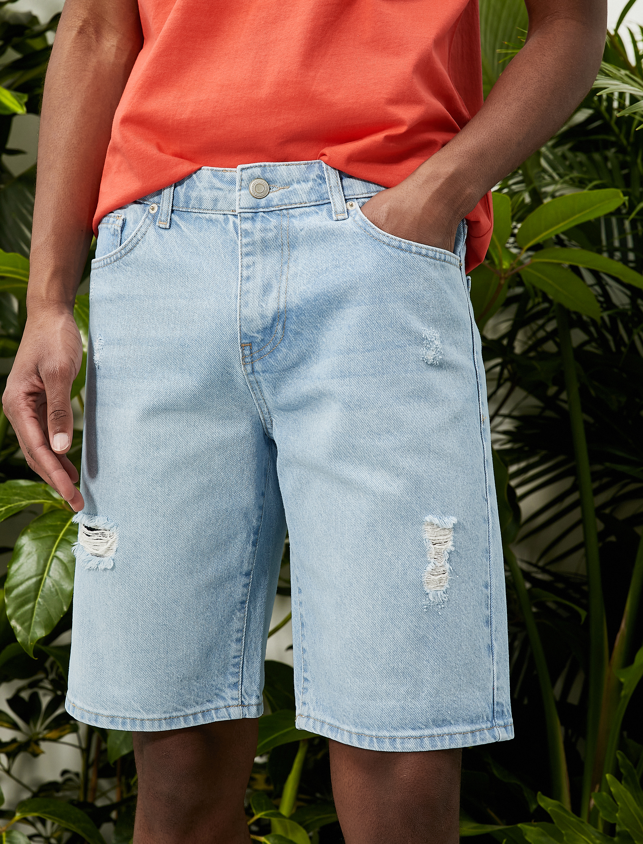   Oversize Yırtık Kot Şort Cep Detaylı Düğmeli Pamuklu