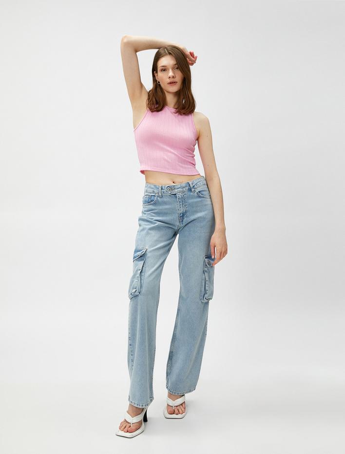  Crop Atlet Bisiklet Yaka Kolsuz