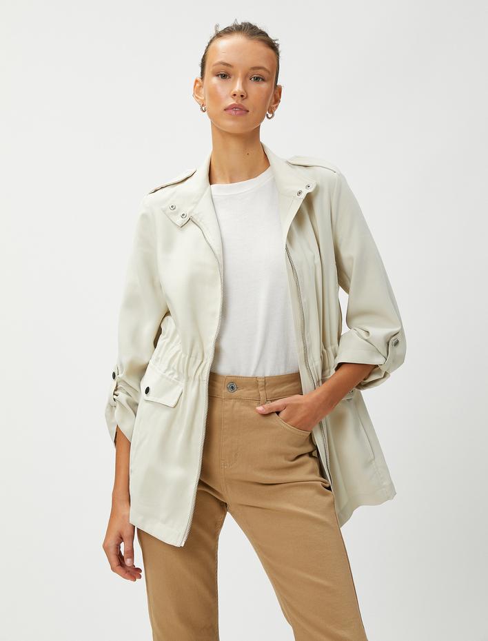  Apolet Detaylı Trençkot Fermuarlı Dik Yaka Cepli