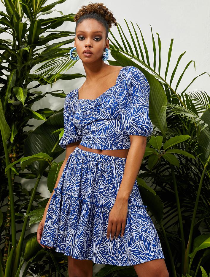  Mini Etek Tropikal Baskılı Katlı