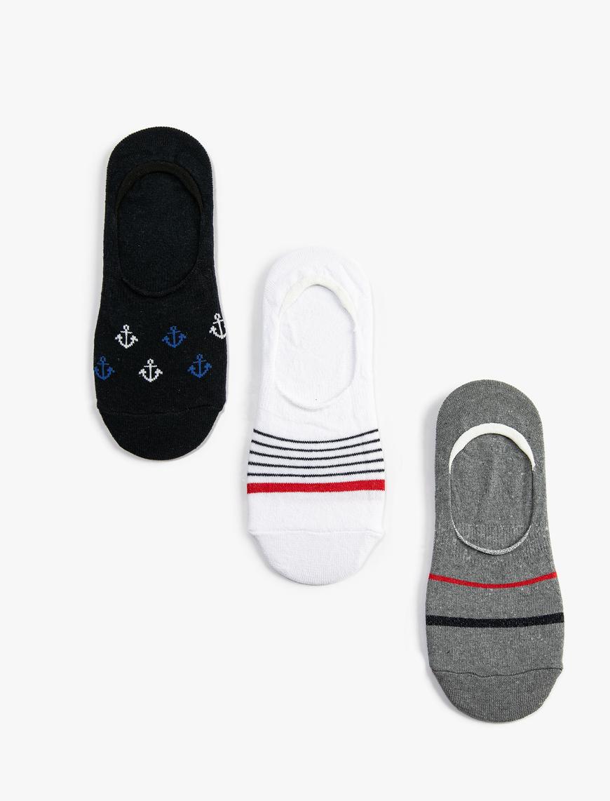  Erkek Çizgili 3'lü Sneaker Çorap Seti İşlemeli
