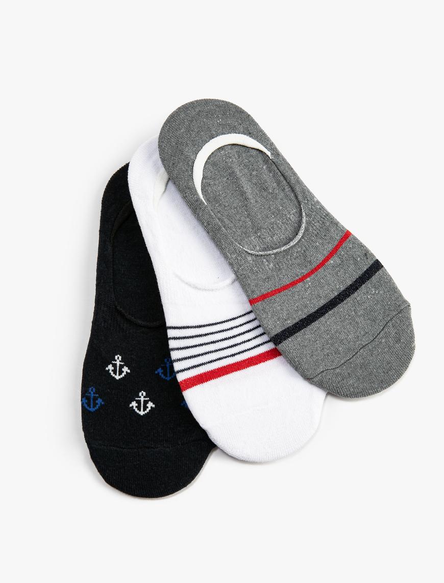  Erkek Çizgili 3'lü Sneaker Çorap Seti İşlemeli