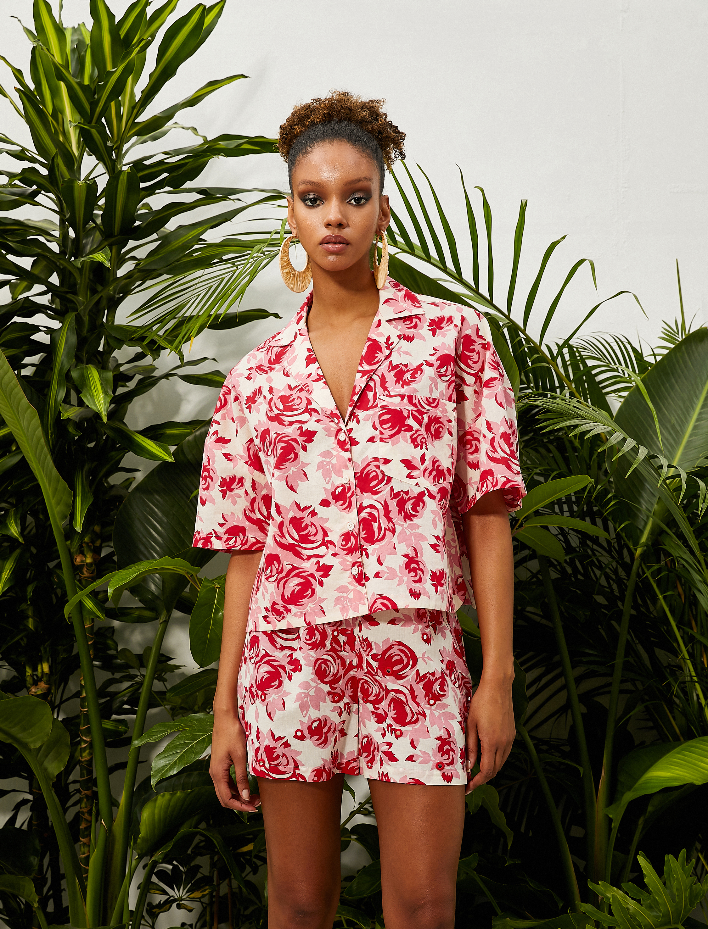 Tropikal Baskılı Kısa Kollu Gömlek Klasik Yaka