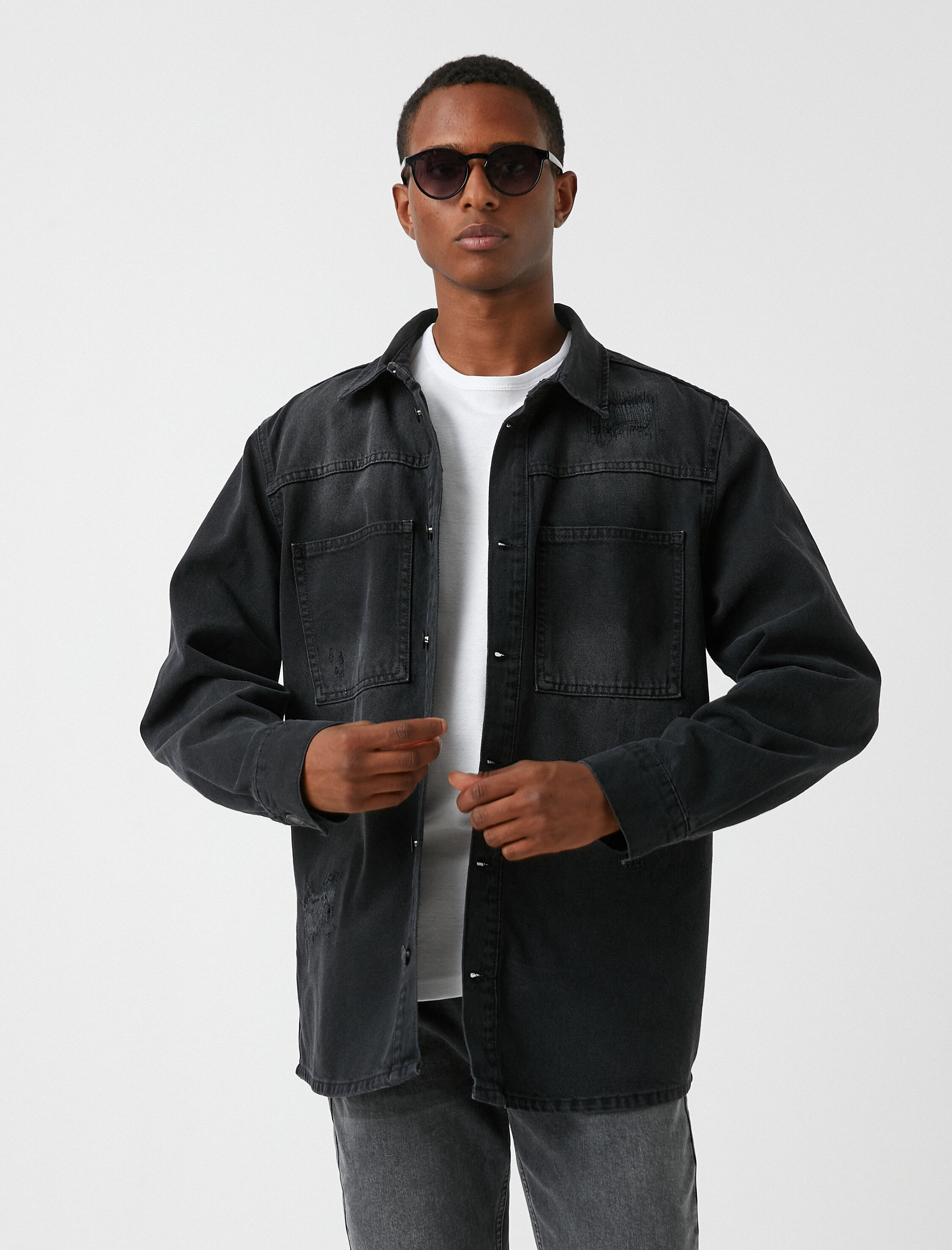   Cepli Kot Gömlek Klasik Yaka Yırtık Detaylı