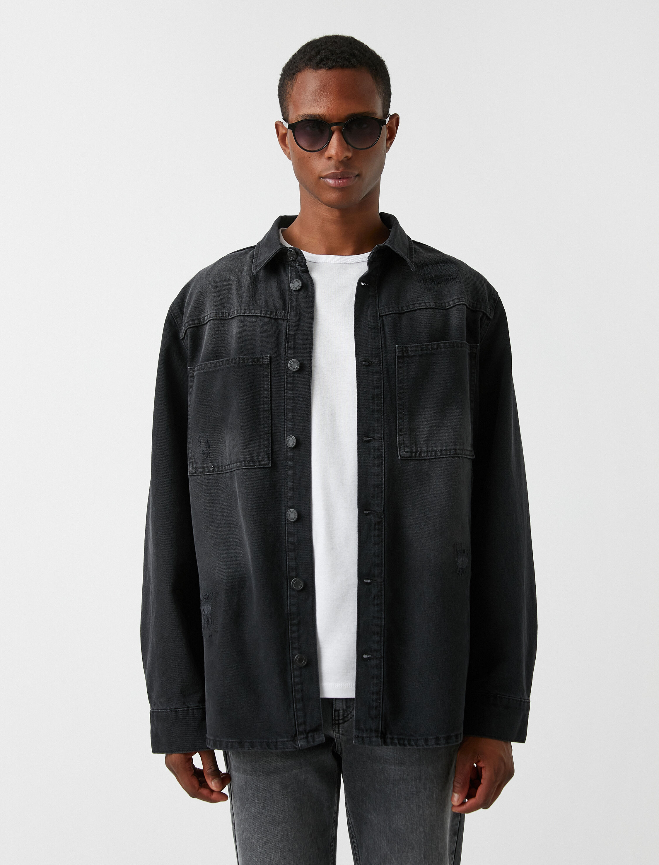   Cepli Kot Gömlek Klasik Yaka Yırtık Detaylı