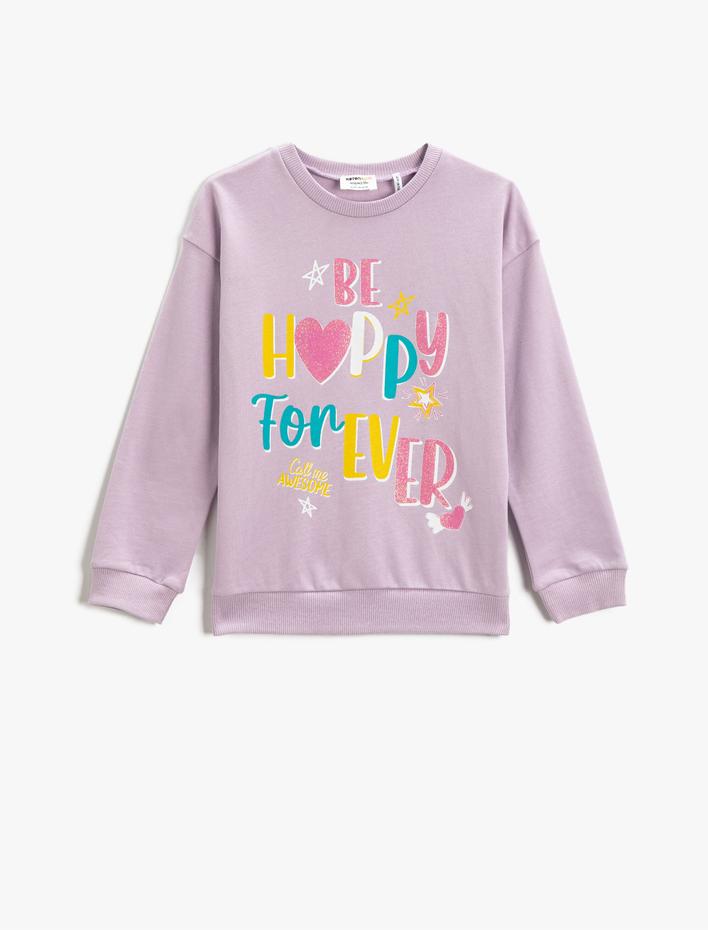 Kız Çocuk Sweatshirt Baskılı Uzun Kollu Bisiklet Yaka Pamuklu