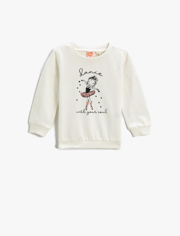 Kız Bebek Balerin Baskılı Sweatshirt Bisiklet Yaka Pamuklu