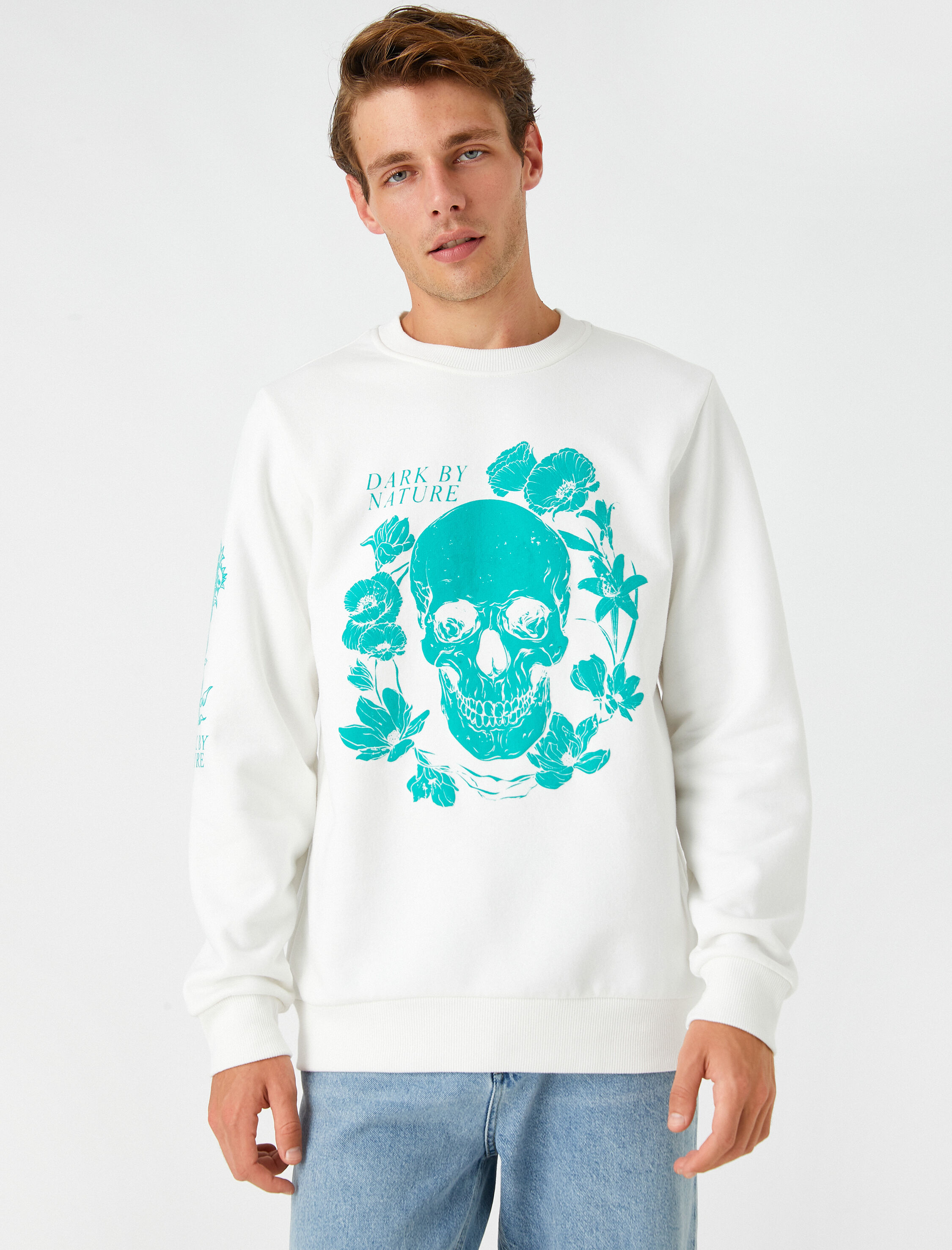   Kuru Kafa Baskılı Sweatshirt Şardonlu Bisiklet Yaka