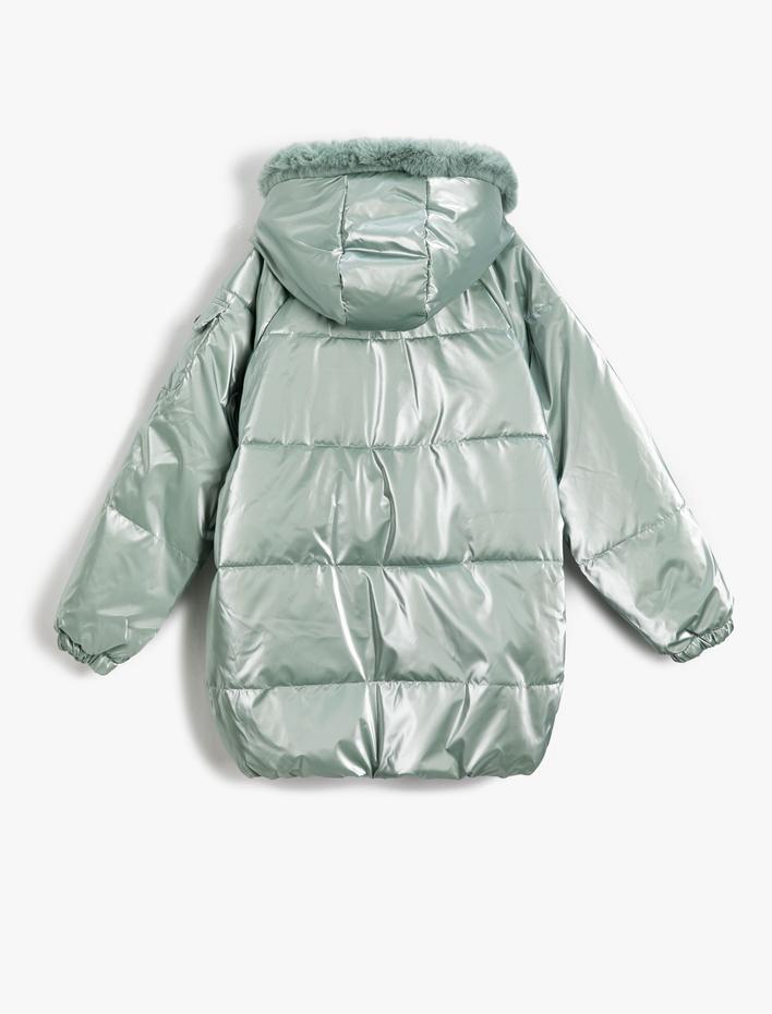 Kız Çocuk Uzun Parlak Şişme Mont Kapüşonlu Suni Kürk Detaylı