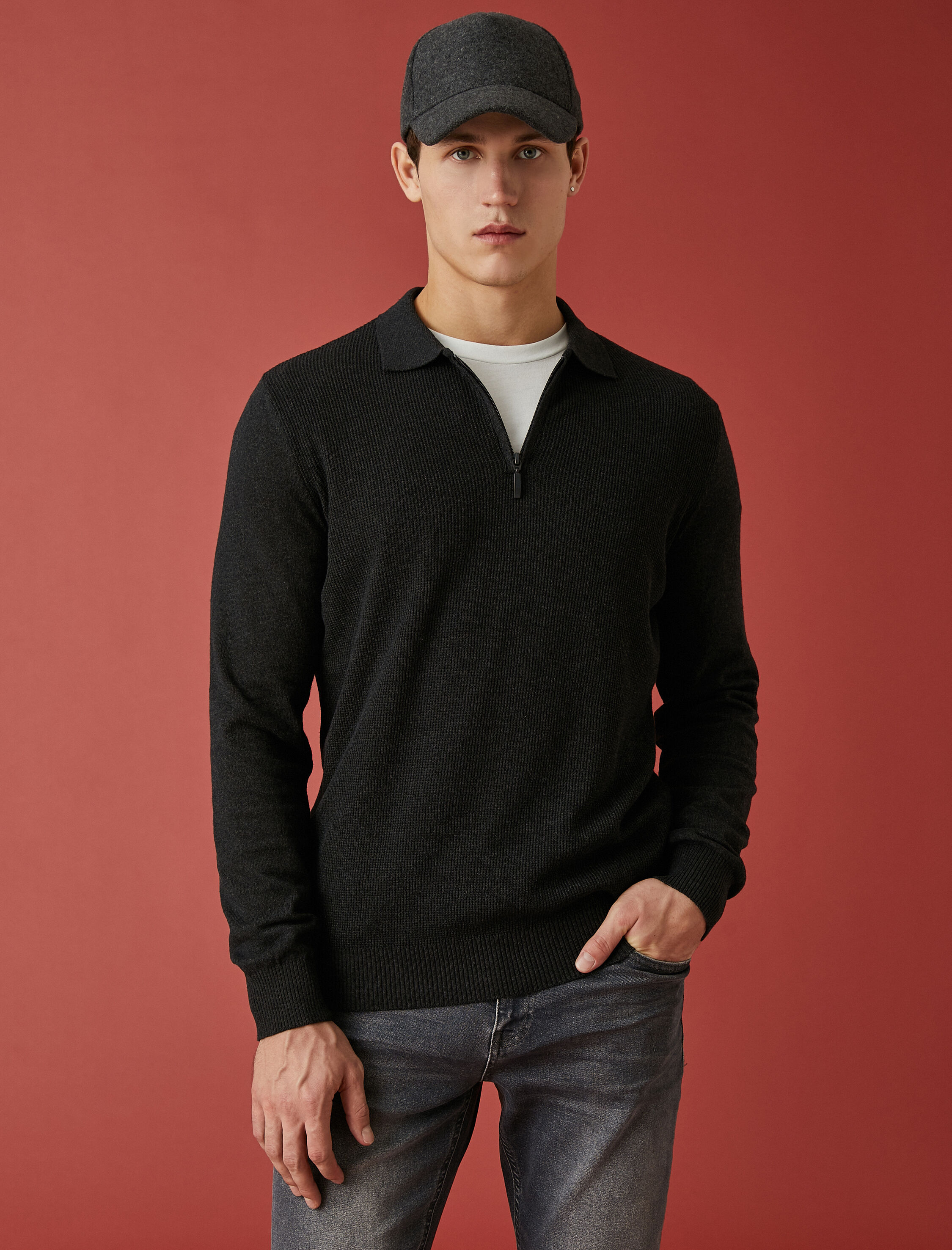   Polo Yaka Kazak Fermuar Detaylı