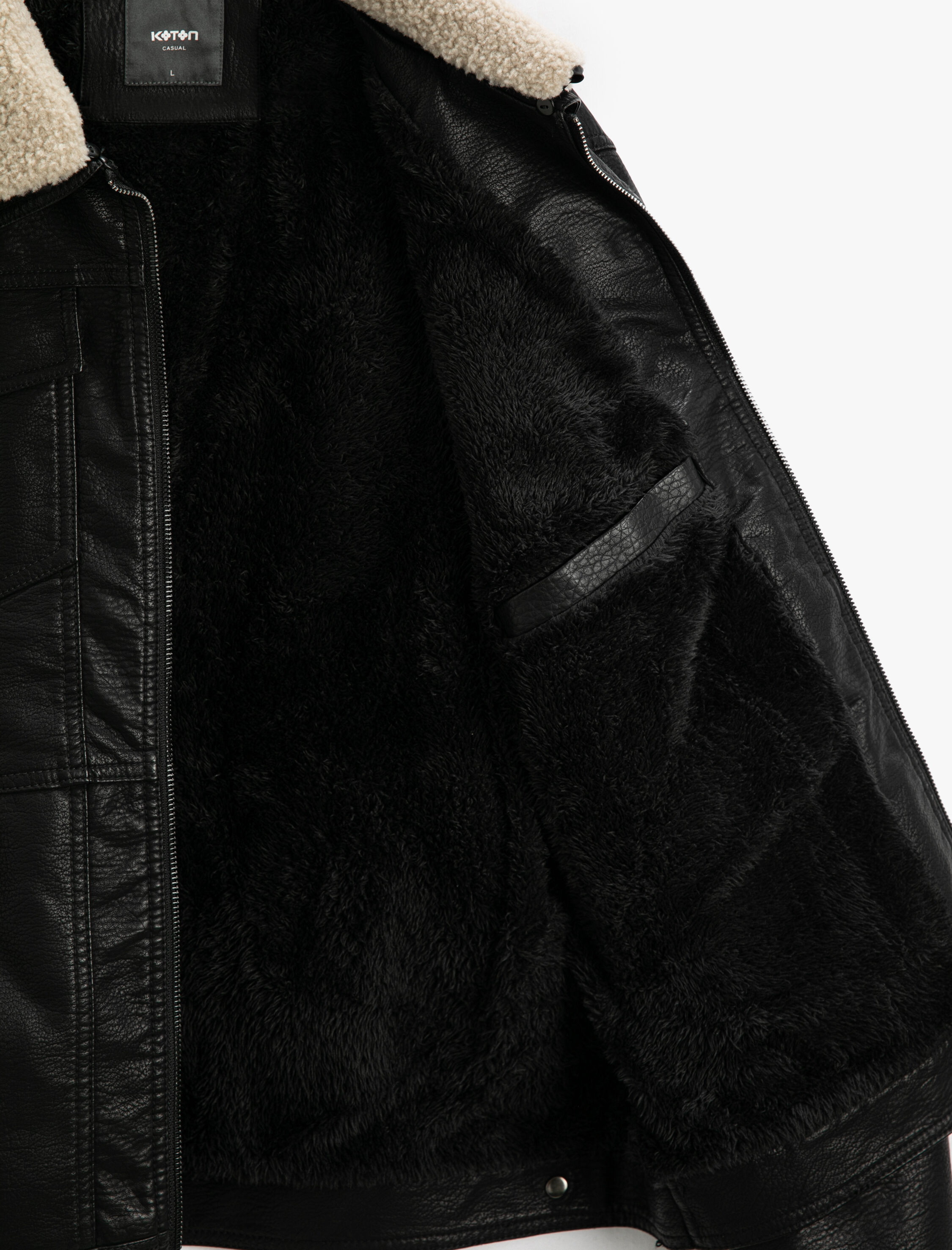   Deri Görünümlü Pilot Ceket Yaka Detaylı Çok Cepli Fermuarlı