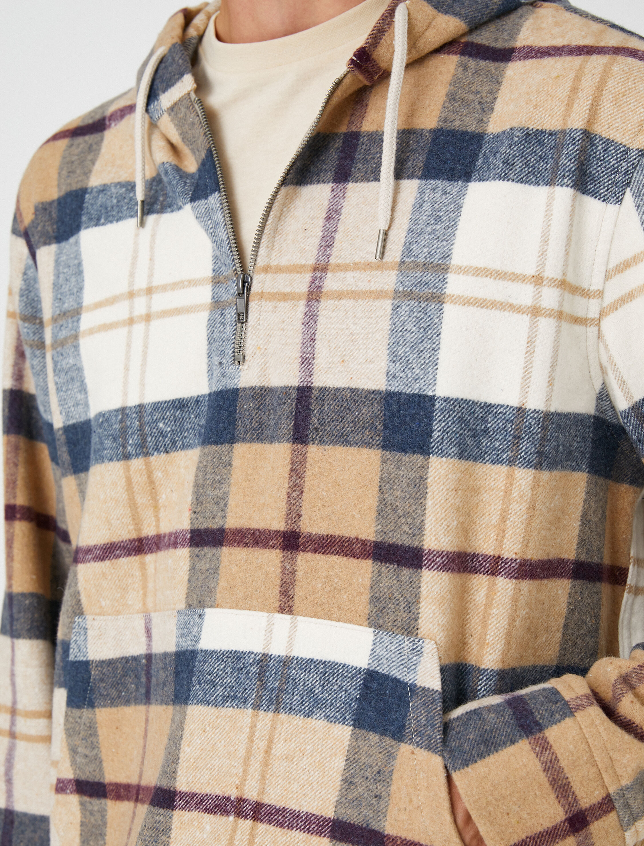   Ekoseli Oversize Sweatshirt Kapşonlu Cep Detaylı Yarım Fermuarlı