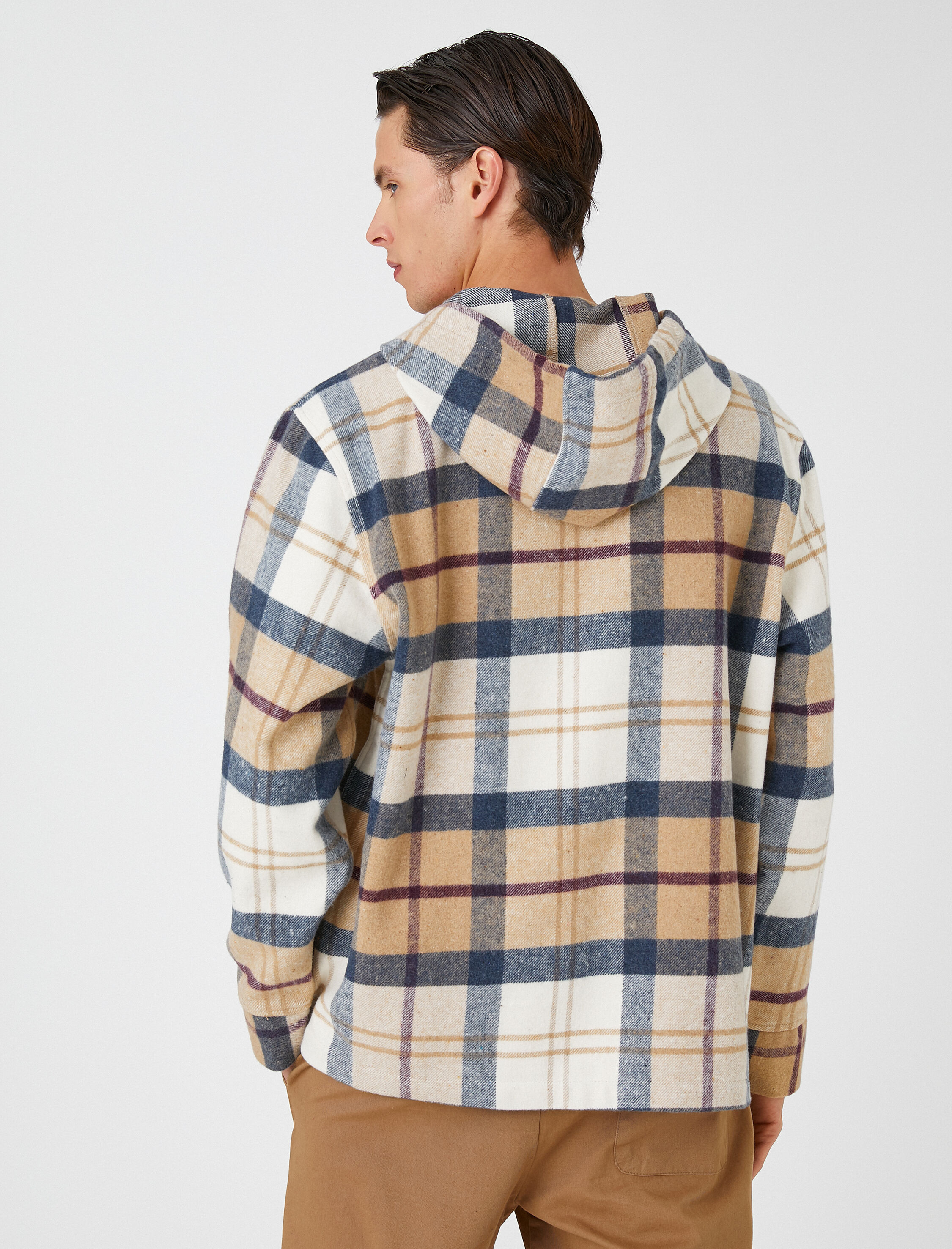   Ekoseli Oversize Sweatshirt Kapşonlu Cep Detaylı Yarım Fermuarlı