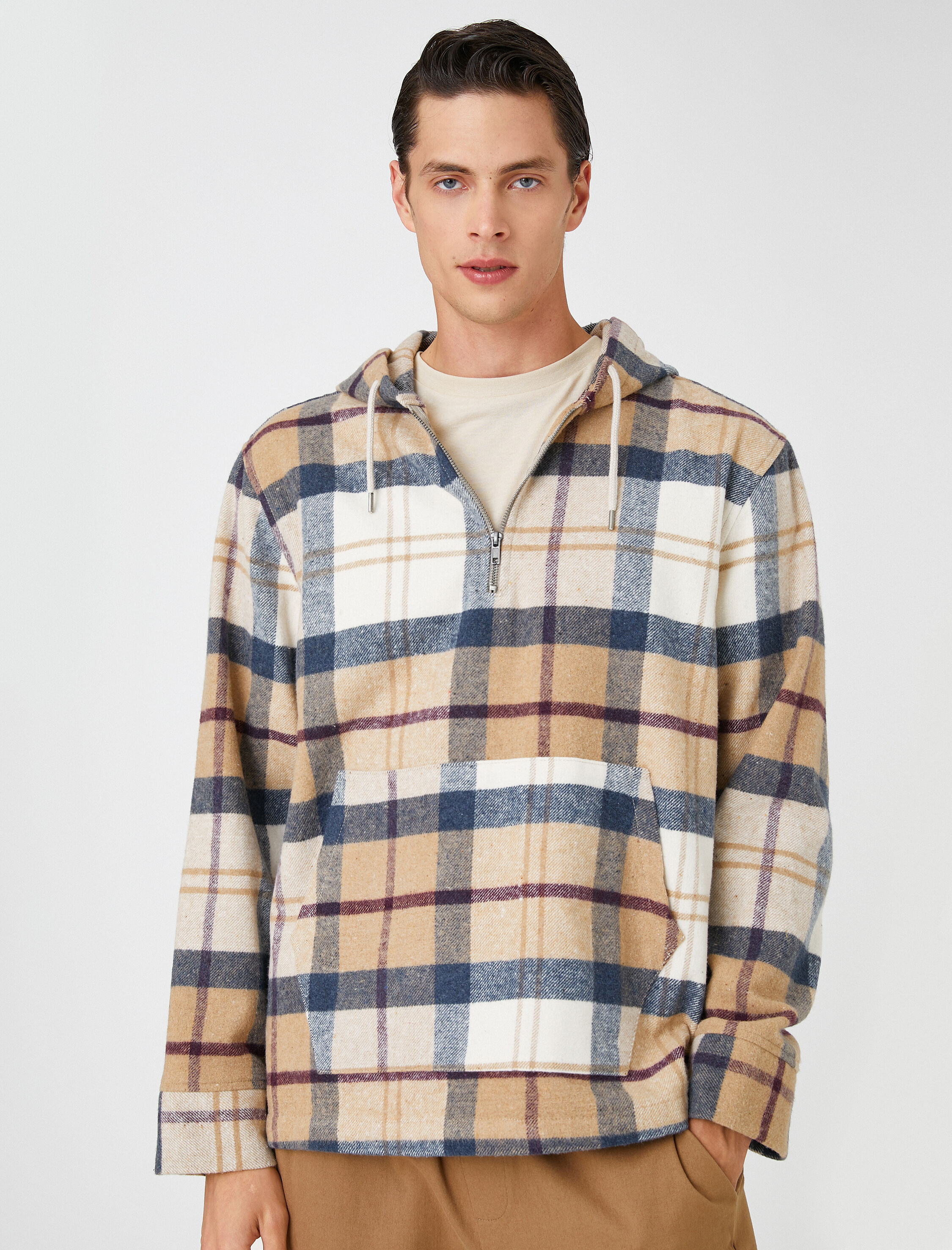   Ekoseli Oversize Sweatshirt Kapşonlu Cep Detaylı Yarım Fermuarlı