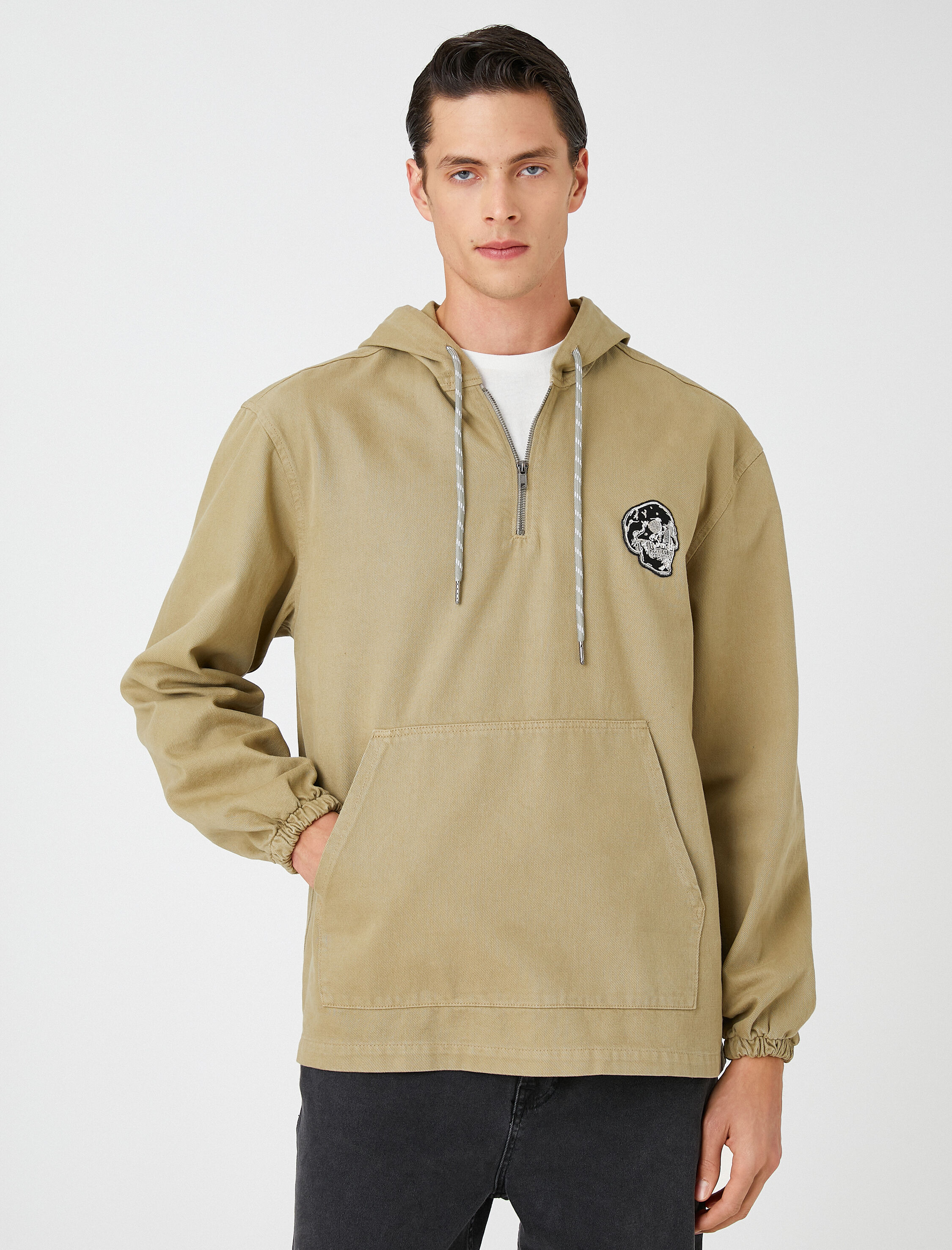   Kuru Kafa İşlemeli Kapşonlu Sweatshirt Cep Detaylı Pamuklu