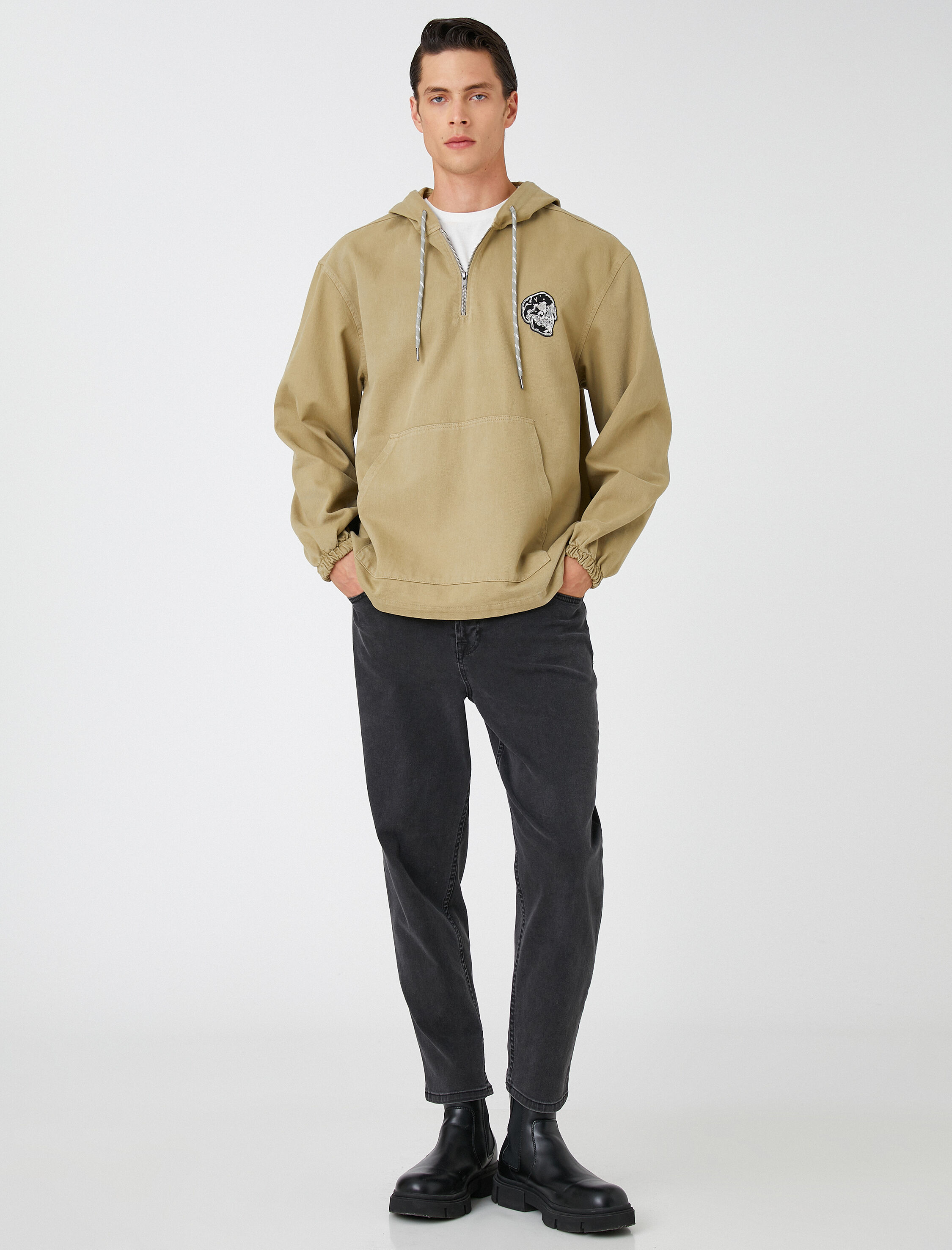   Kuru Kafa İşlemeli Kapşonlu Sweatshirt Cep Detaylı Pamuklu