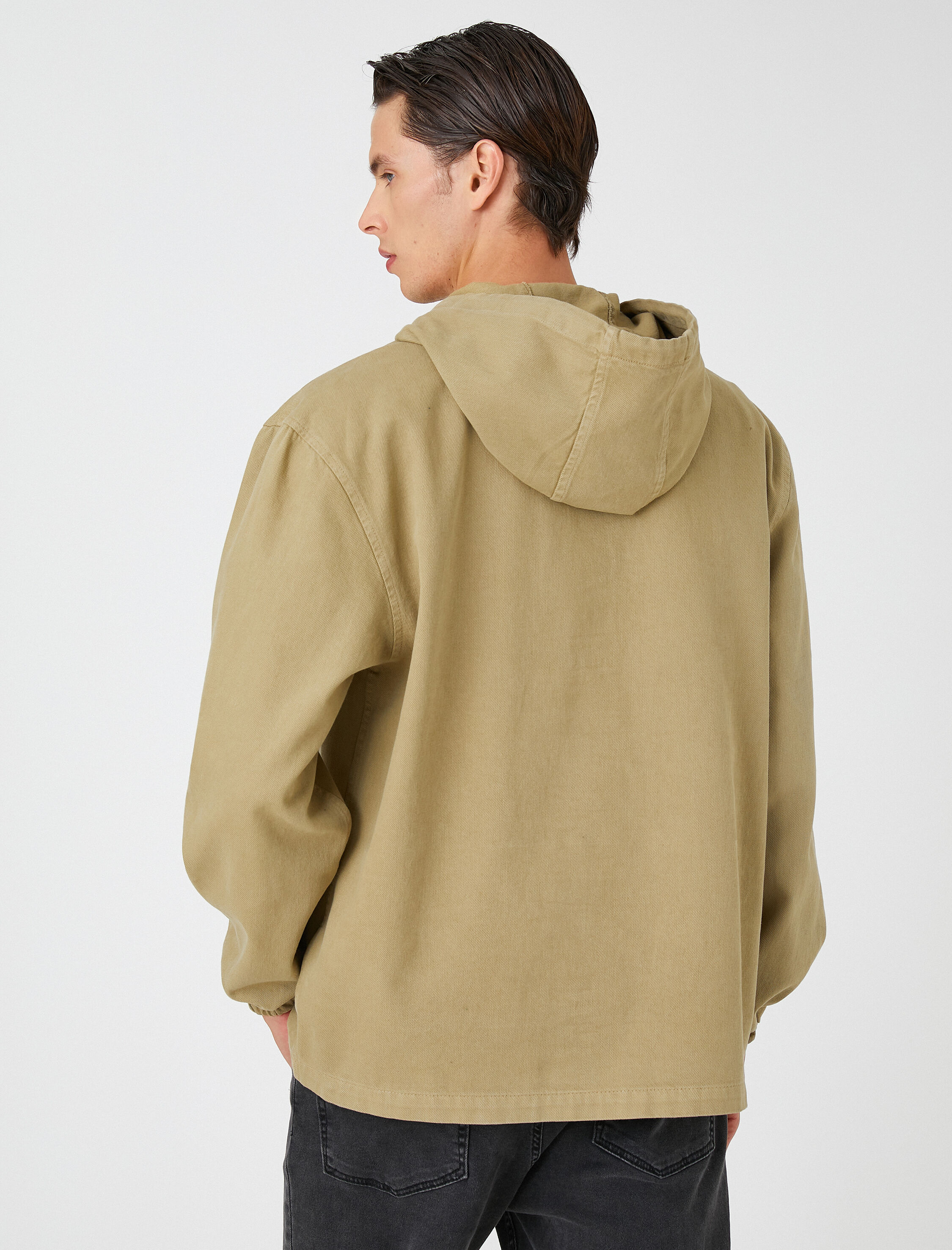   Kuru Kafa İşlemeli Kapşonlu Sweatshirt Cep Detaylı Pamuklu