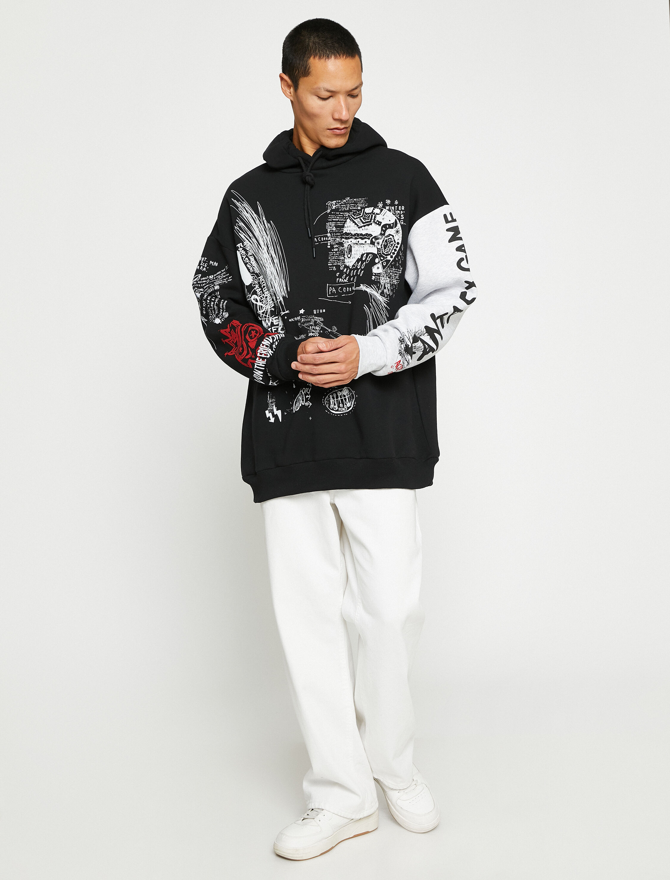 Kapşonlu Oversize Sweatshirt Şardonlu Kuru Kafa Baskılı