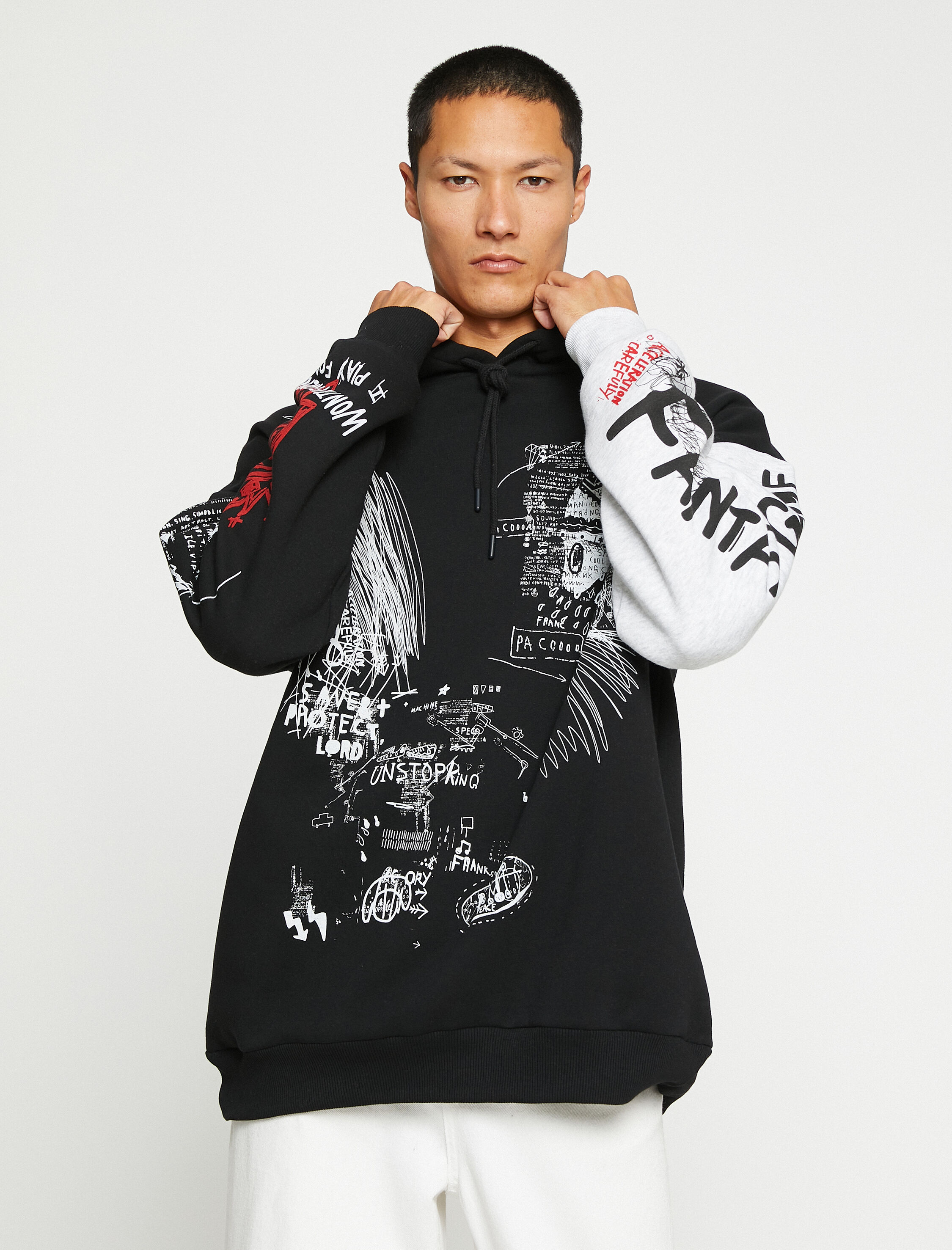 Kapşonlu Oversize Sweatshirt Şardonlu Kuru Kafa Baskılı