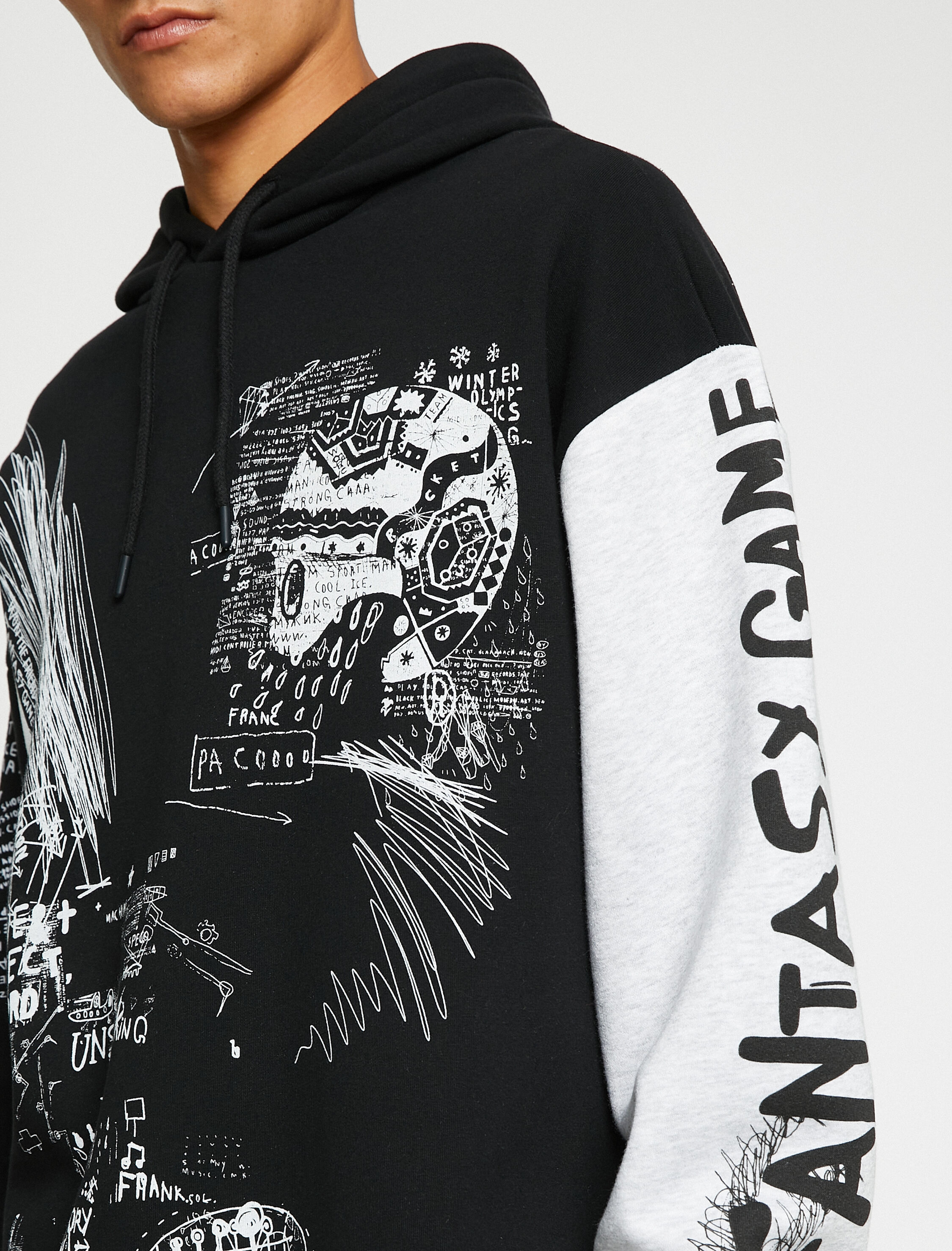 Kapşonlu Oversize Sweatshirt Şardonlu Kuru Kafa Baskılı