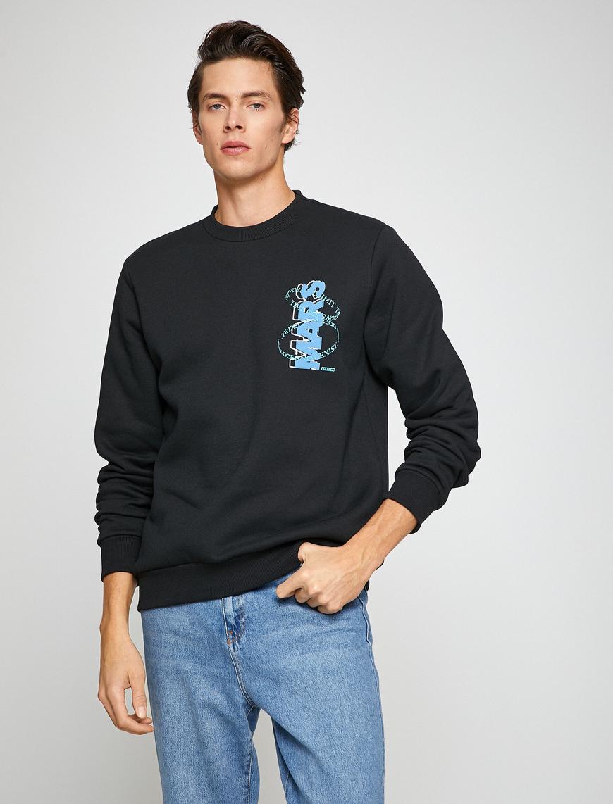   Basic Sweatshirt Bisiklet Yaka Uzay Baskılı