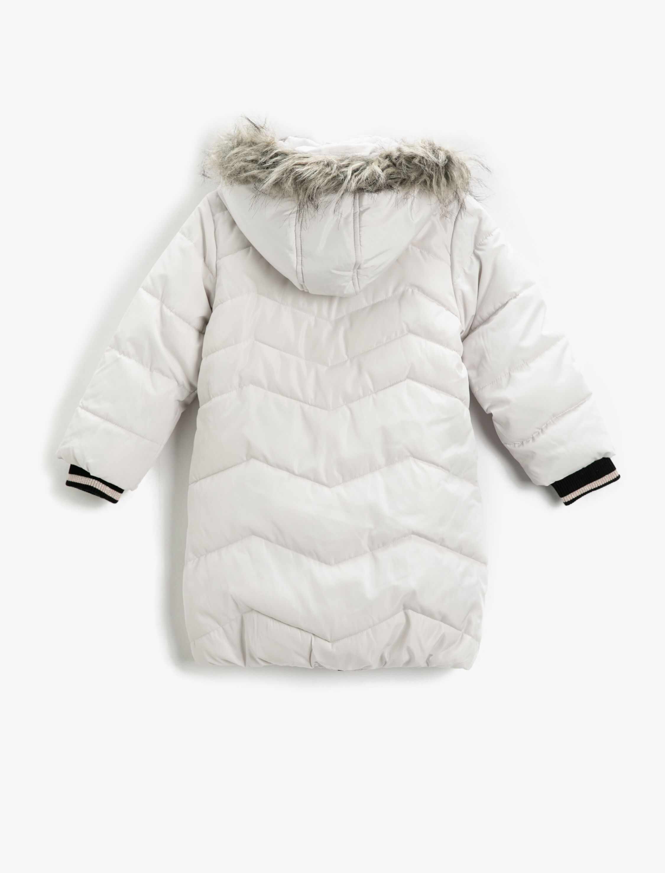  Kız Çocuk Şişme Uzun Kaban Suni Kürk Detaylı Kapüşonlu Fermuarlı Cepli