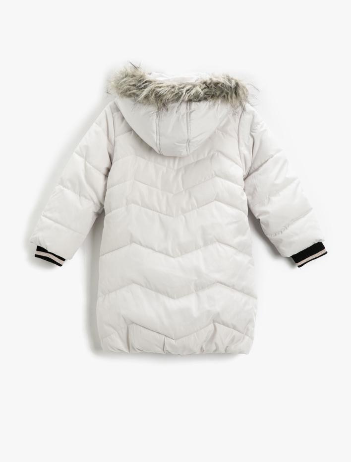 Kız Çocuk Şişme Uzun Kaban Suni Kürk Detaylı Kapüşonlu Fermuarlı Cepli