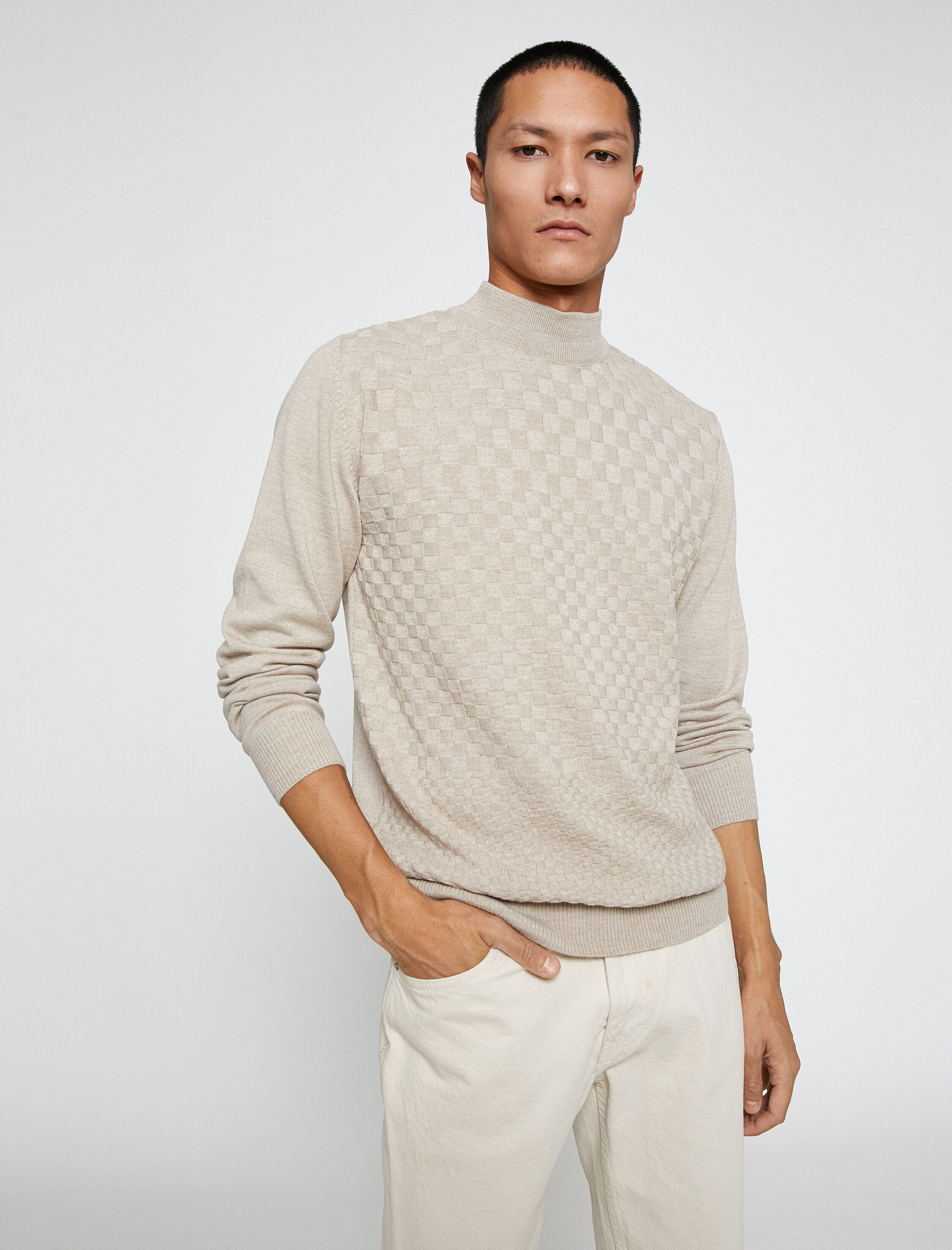   Basic Triko Kazak Yarım Balıkçı Yaka Uzun Kollu Geometrik Desenli