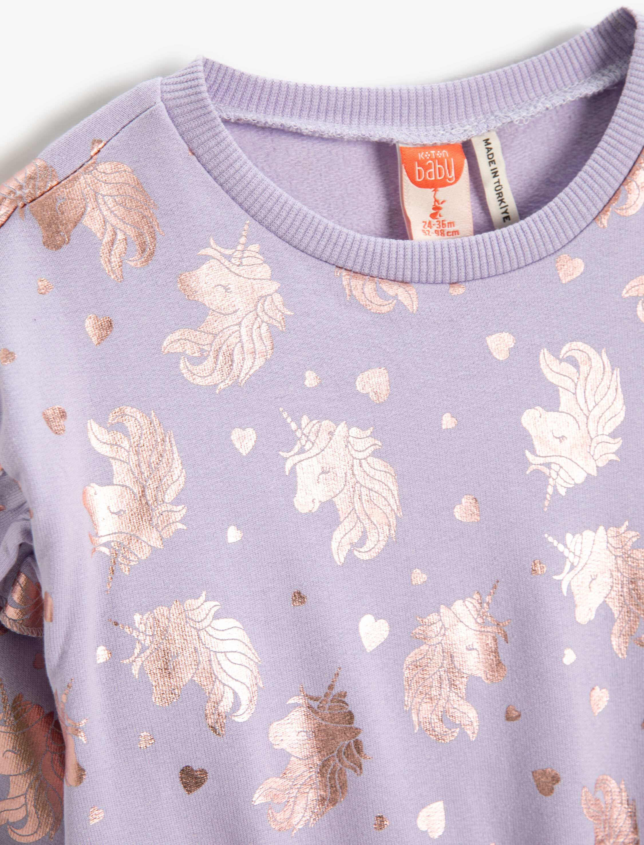  Kız Bebek Parlak Unicorn Baskılı Sweat Fırfır Detaylı Uzun Kollu Manşetleri ve Beli Lastikli