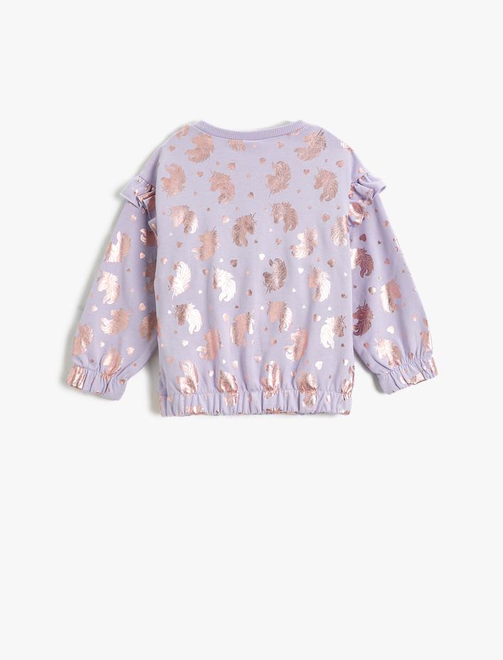 Kız Bebek Parlak Unicorn Baskılı Sweat Fırfır Detaylı Uzun Kollu Manşetleri ve Beli Lastikli