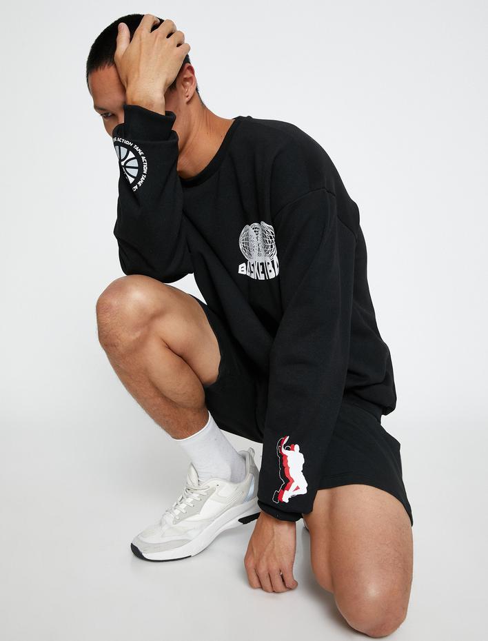 Basic Bisiklet Yaka Sweatshirt Basketbol Baskılı