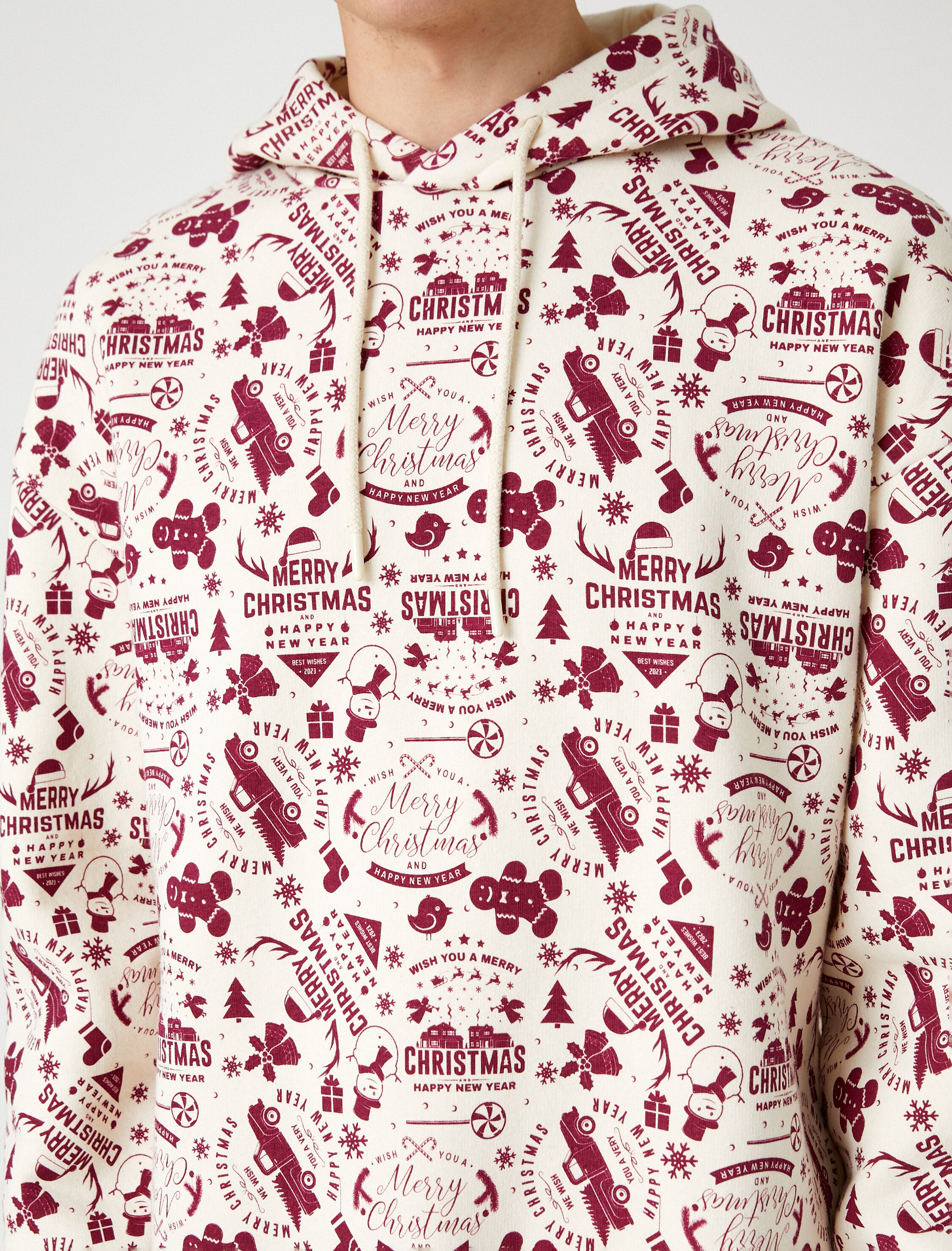   Yılbaşı Temalı Oversize Kapşonlu Sweatshirt Baskılı Uzun Kollu  Şardonlu