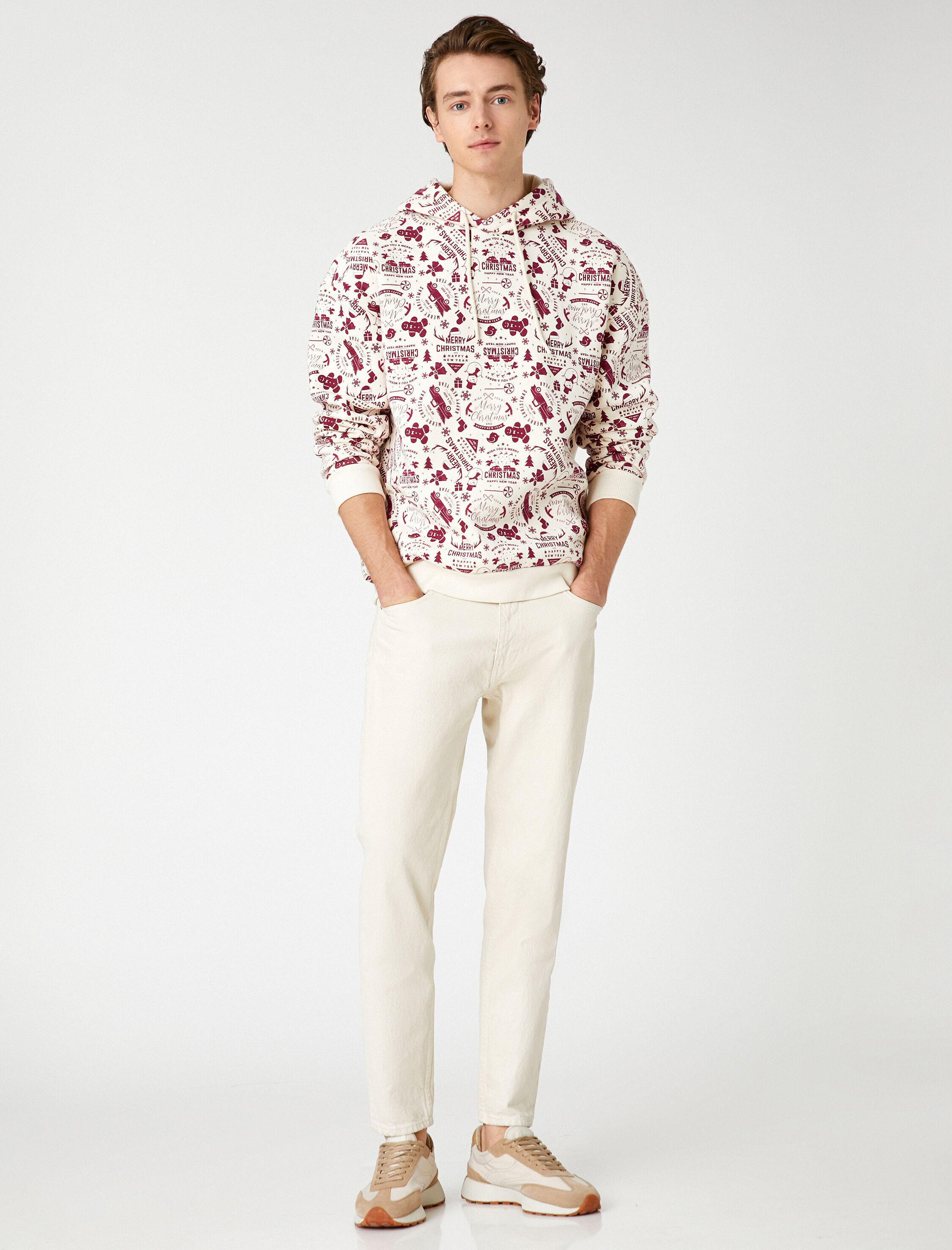   Yılbaşı Temalı Oversize Kapşonlu Sweatshirt Baskılı Uzun Kollu  Şardonlu