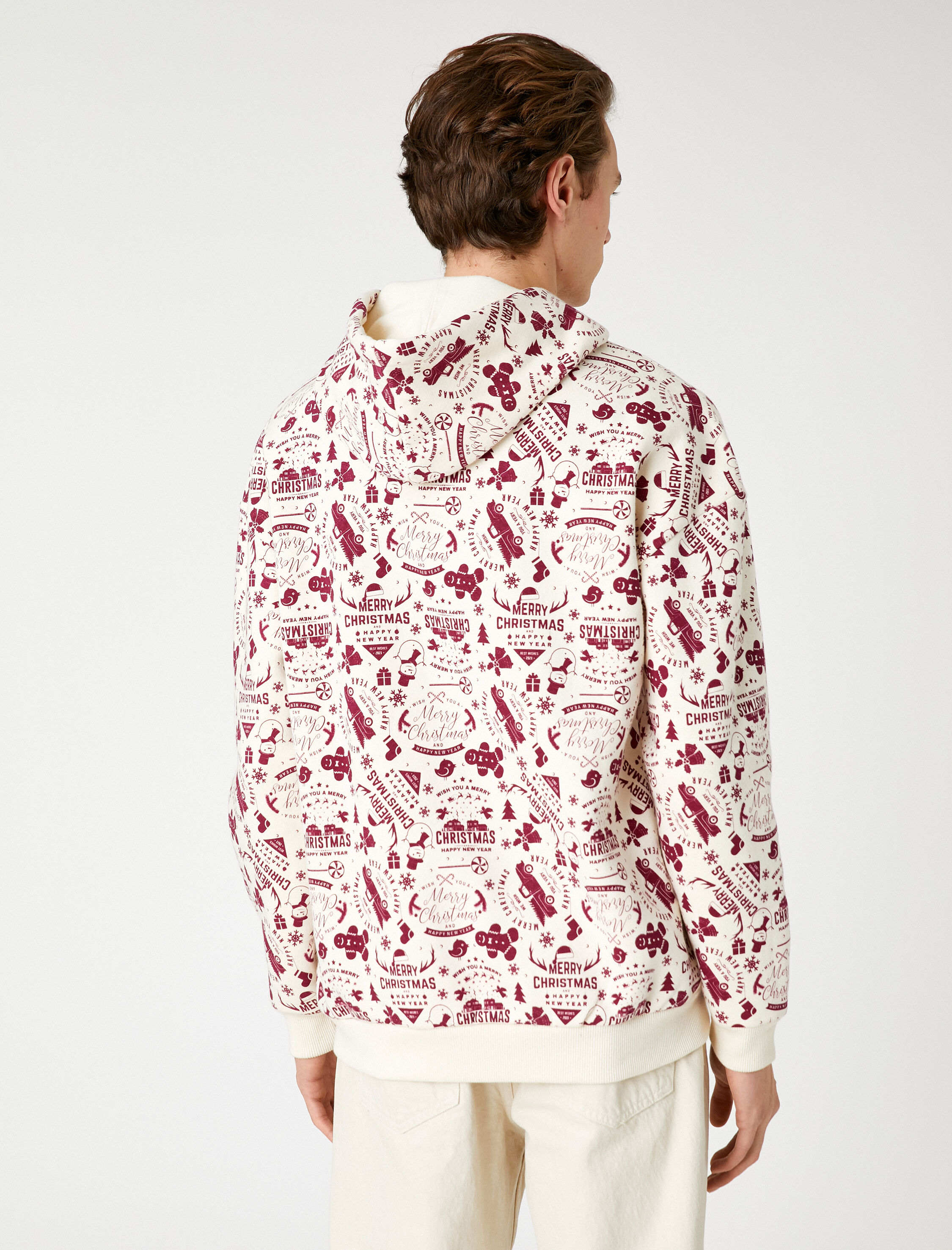   Yılbaşı Temalı Oversize Kapşonlu Sweatshirt Baskılı Uzun Kollu  Şardonlu