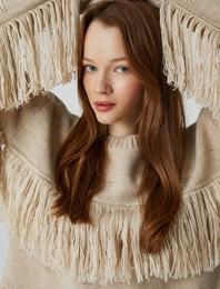 Bisiklet Yaka Kazak Uzun Kollu Püsküllü