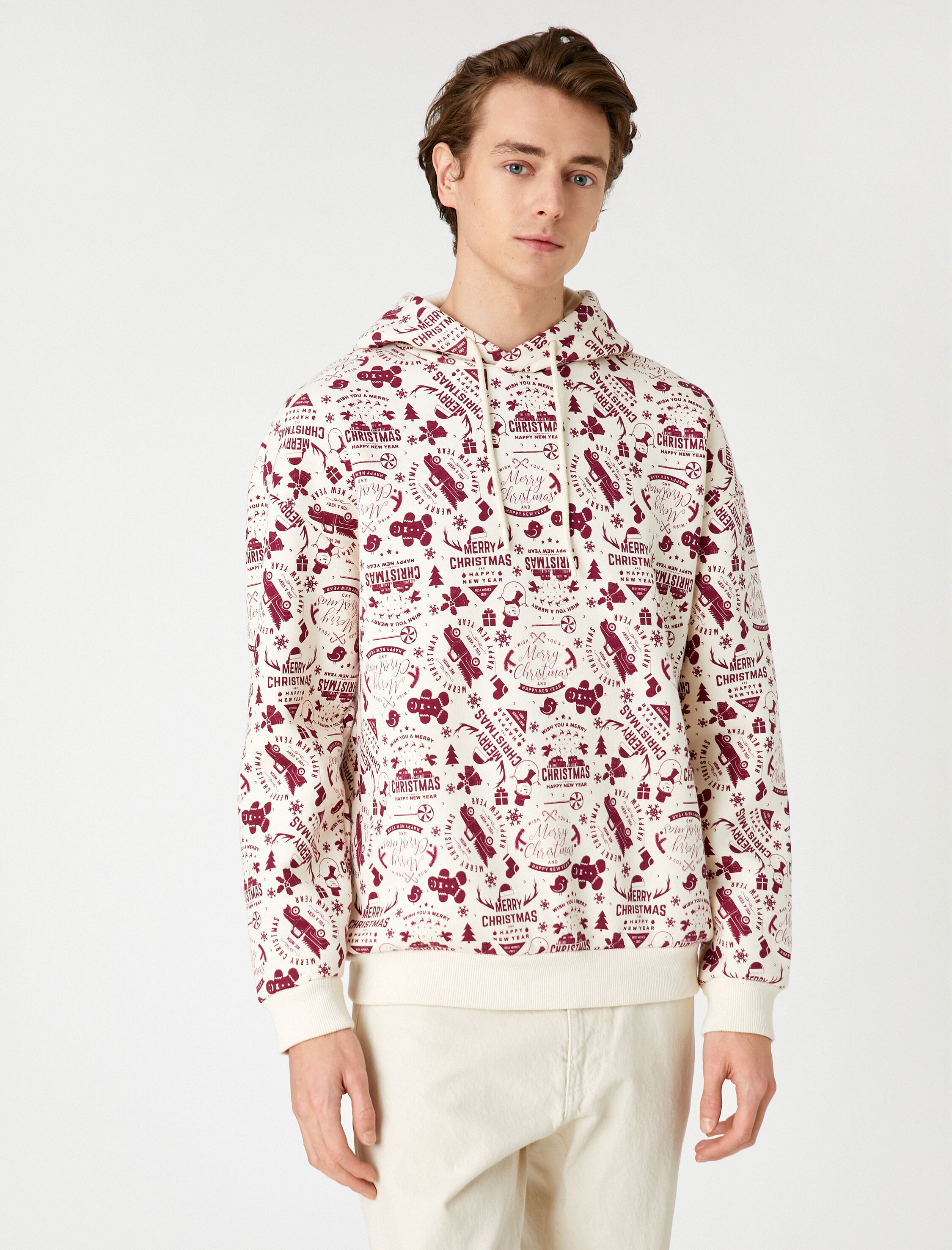   Yılbaşı Temalı Oversize Kapşonlu Sweatshirt Baskılı Uzun Kollu  Şardonlu