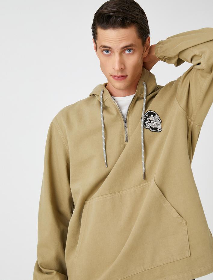 Kuru Kafa İşlemeli Kapşonlu Sweatshirt Cep Detaylı Pamuklu