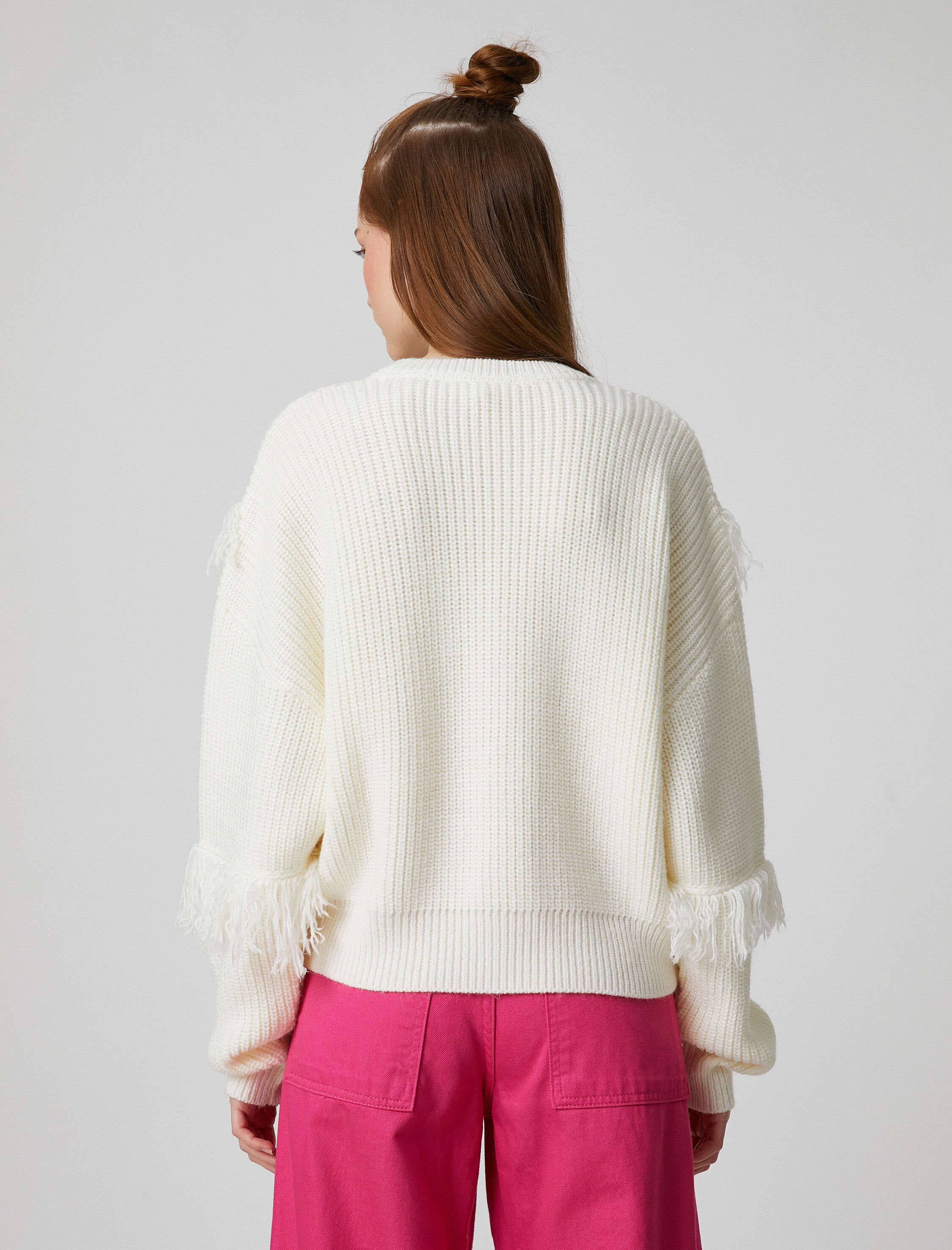   Bisiklet Yaka Triko Kazak Uzun Kollu Örgü Püskül Detaylı