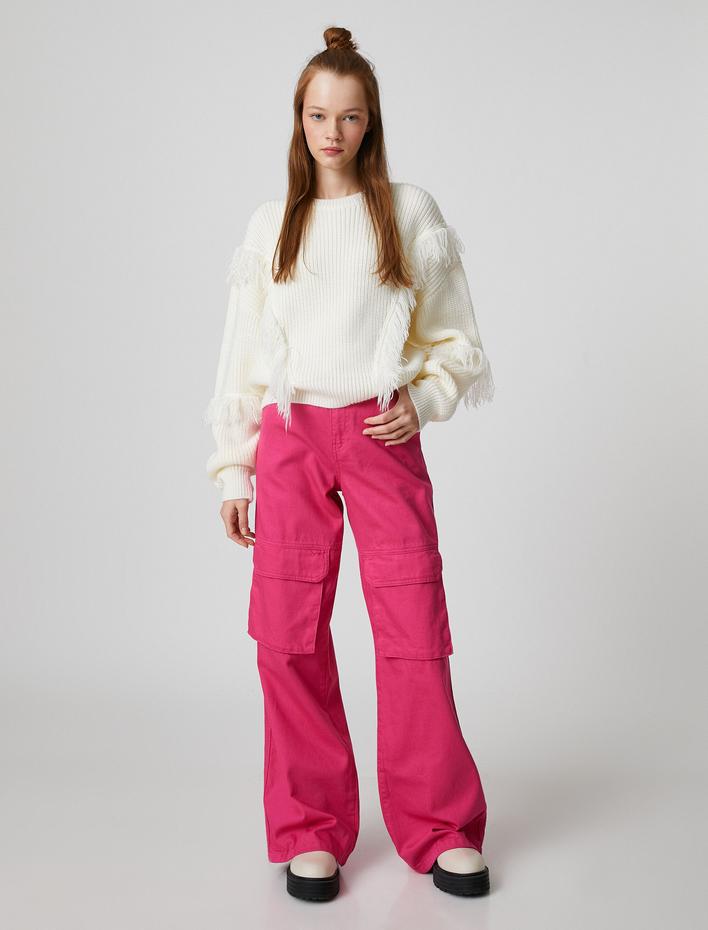  Bisiklet Yaka Triko Kazak Uzun Kollu Örgü Püskül Detaylı